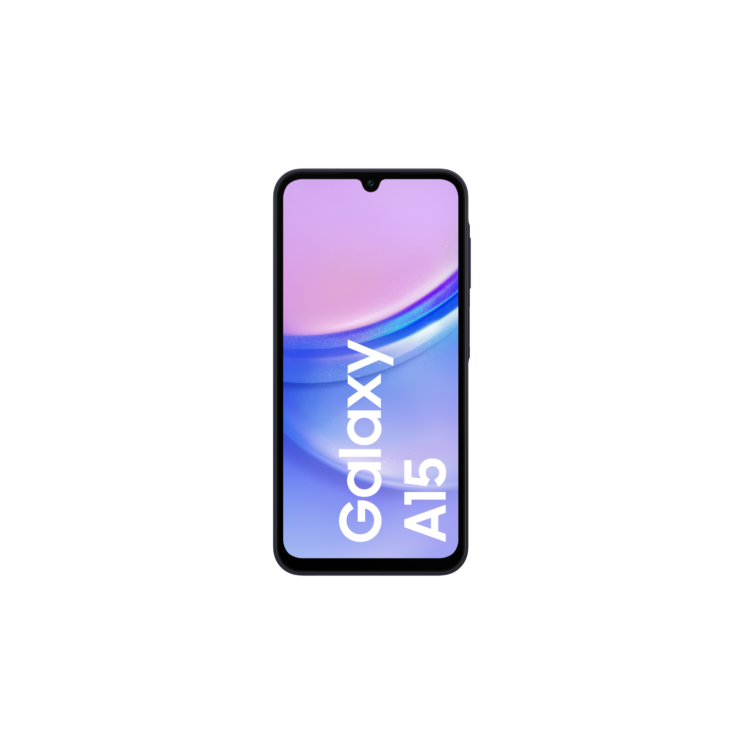 Czarny smartfon z fioletowo-białym gradientem na ekranie. Wyświetla 'Galaxy A15'.