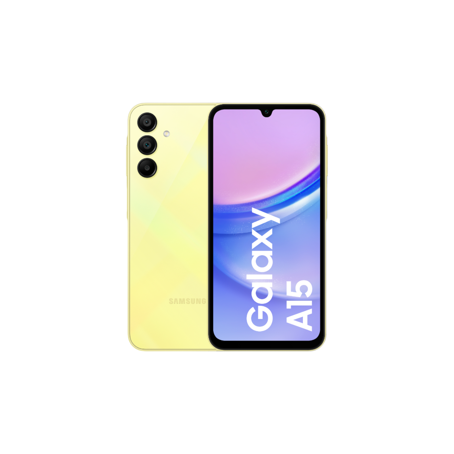Żółty telefon Samsung Galaxy A15, z napisem 'Galaxy A15' na ekranie.