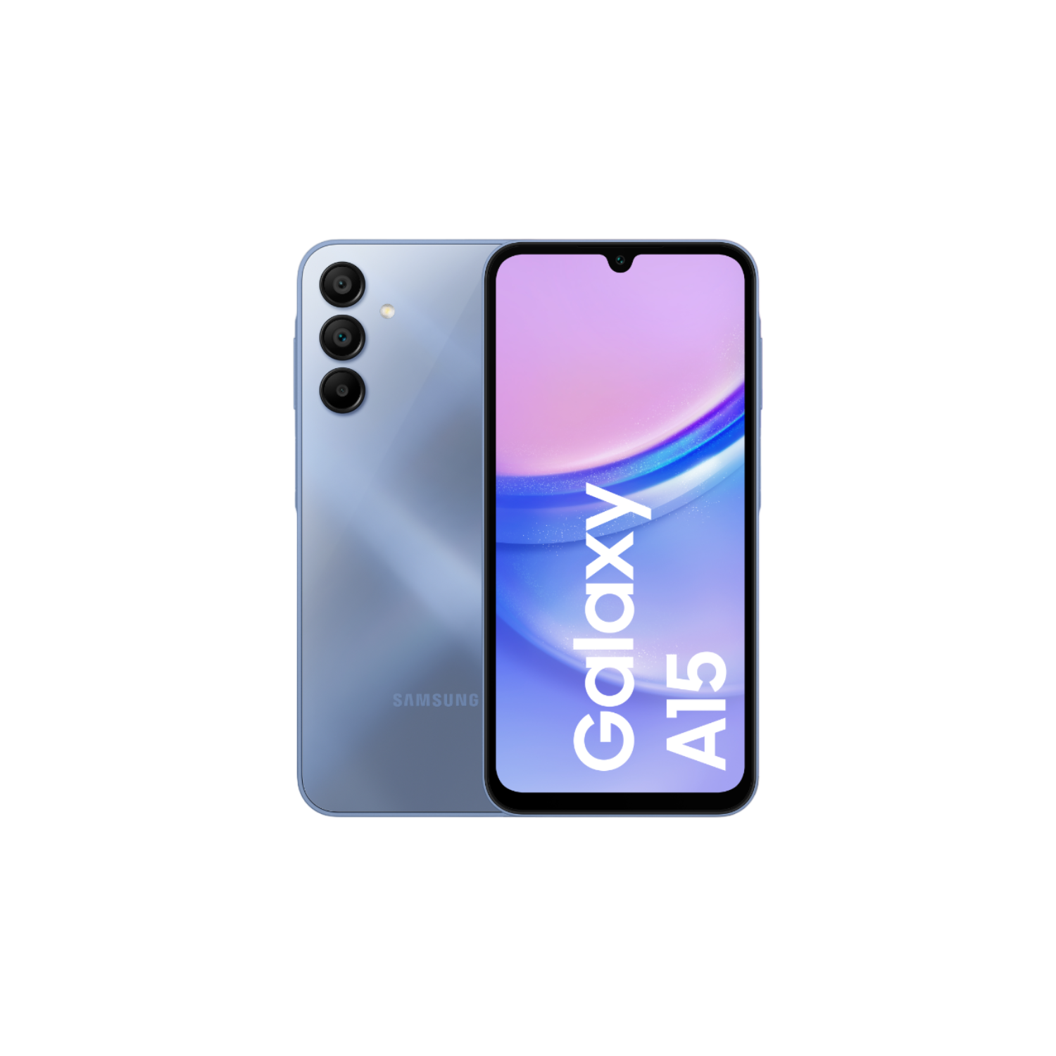 Niebieski telefon Samsung Galaxy A15. Tył pokazuje kamery, przód wyświetla tekst 'Galaxy A15'.