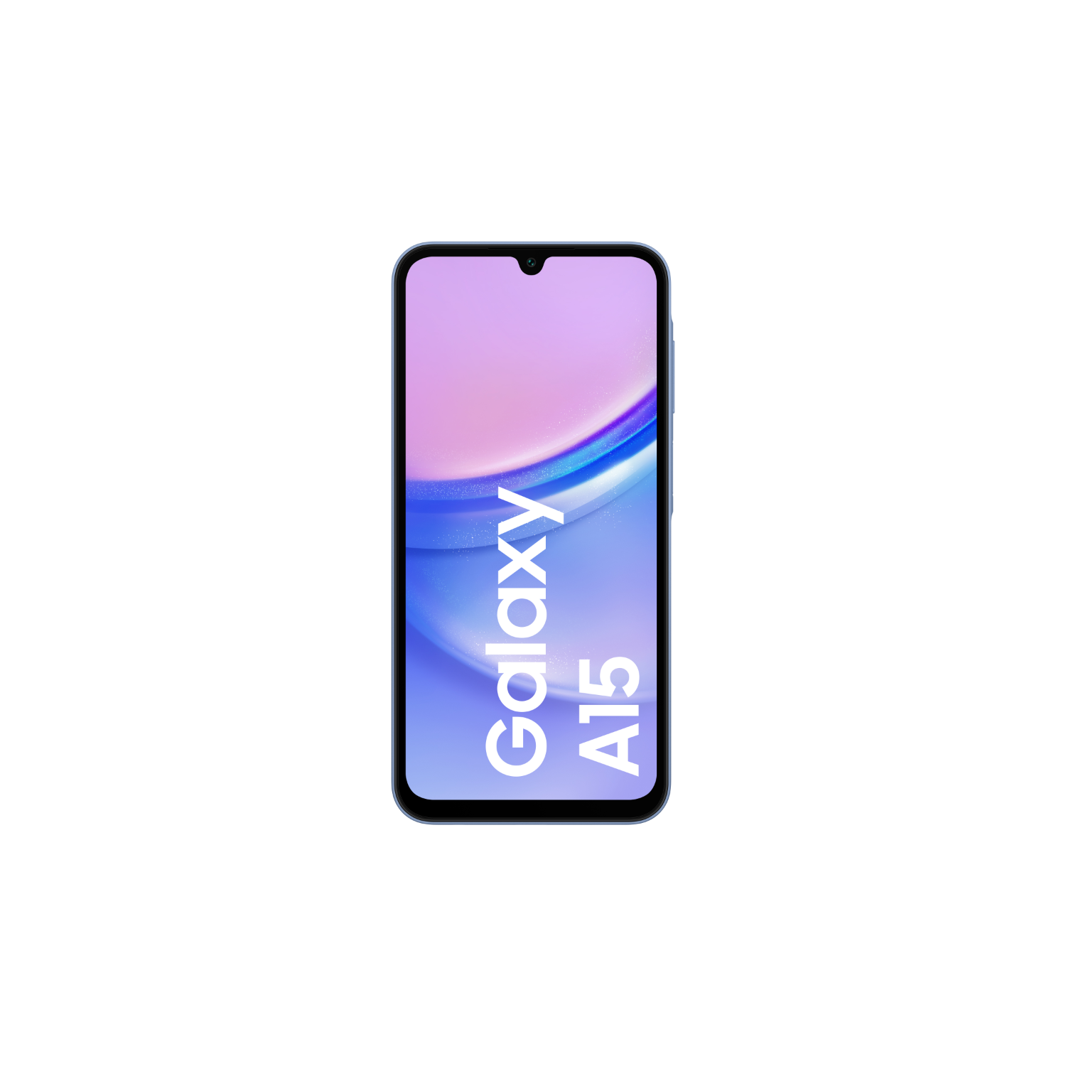 Niebieski smartfon Galaxy A15 z ekranem pokazującym nazwę telefonu.