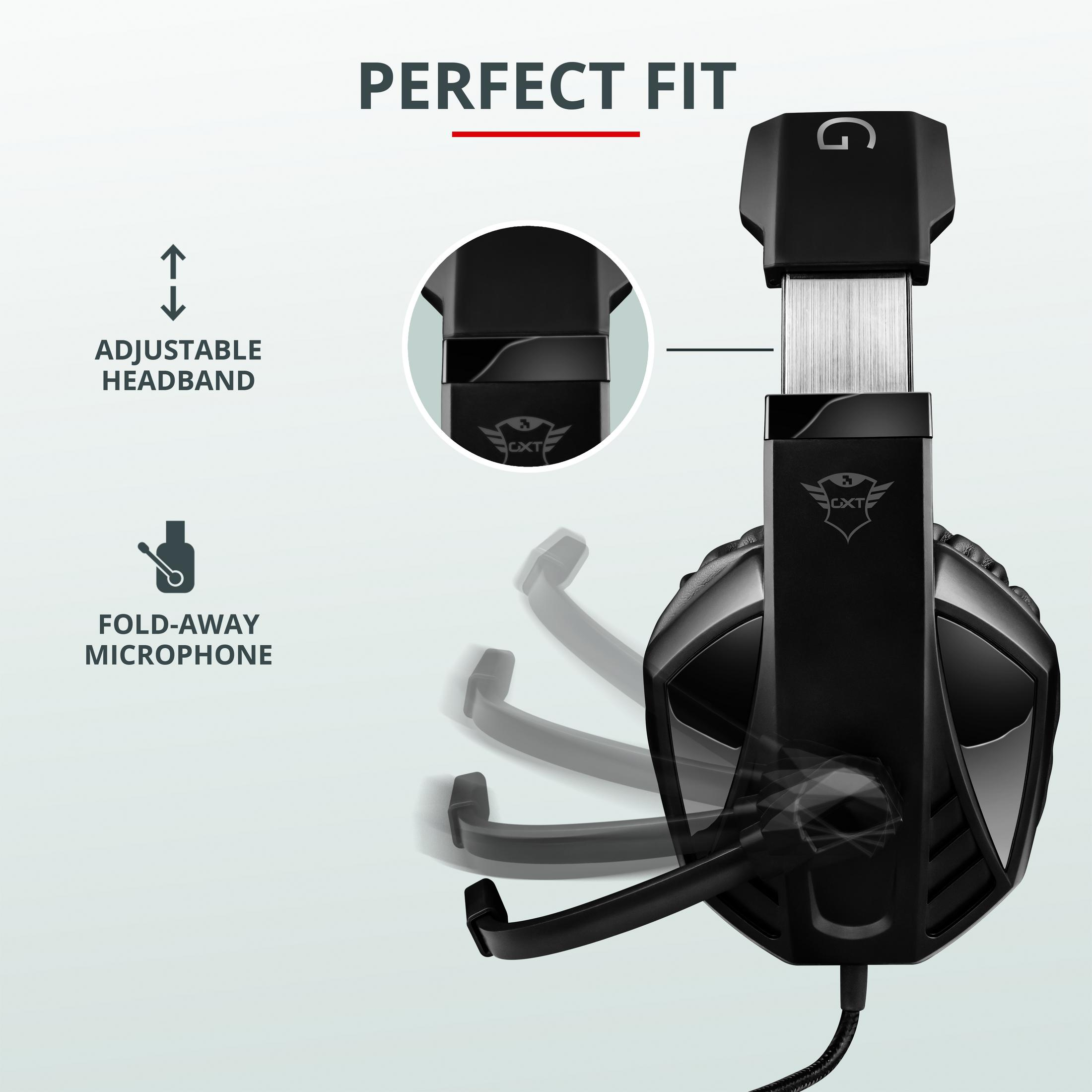 Czarne słuchawki dla graczy z regulowanym pałąkiem i składanym mikrofonem na białym tle.