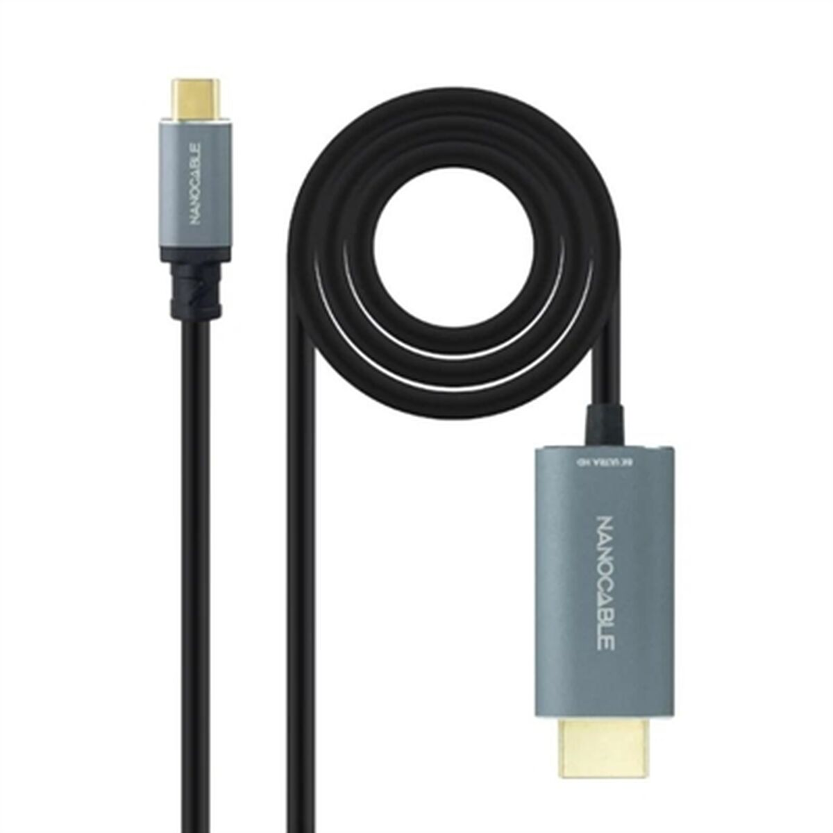 Ein schwarz-graues USB-C-zu-HDMI-Kabel. Das Kabel ist aufgerollt. Die Enden sind grau.