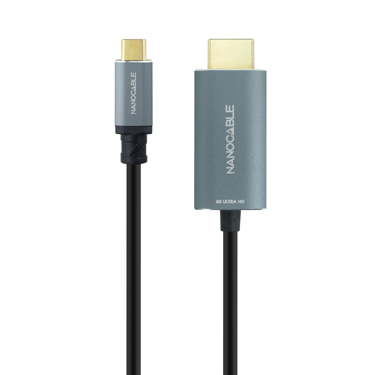 Zwei schwarze Kabel mit silbernen Enden. Eines ist USB-C, das andere HDMI. Weißer Hintergrund.