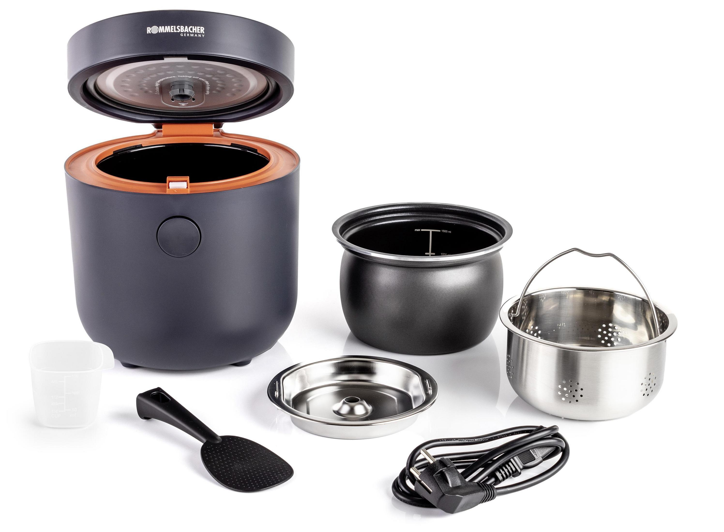 Czarny i brązowy garnek do ryżu z akcesoriami: garnek, parowar, miarka, łyżka.