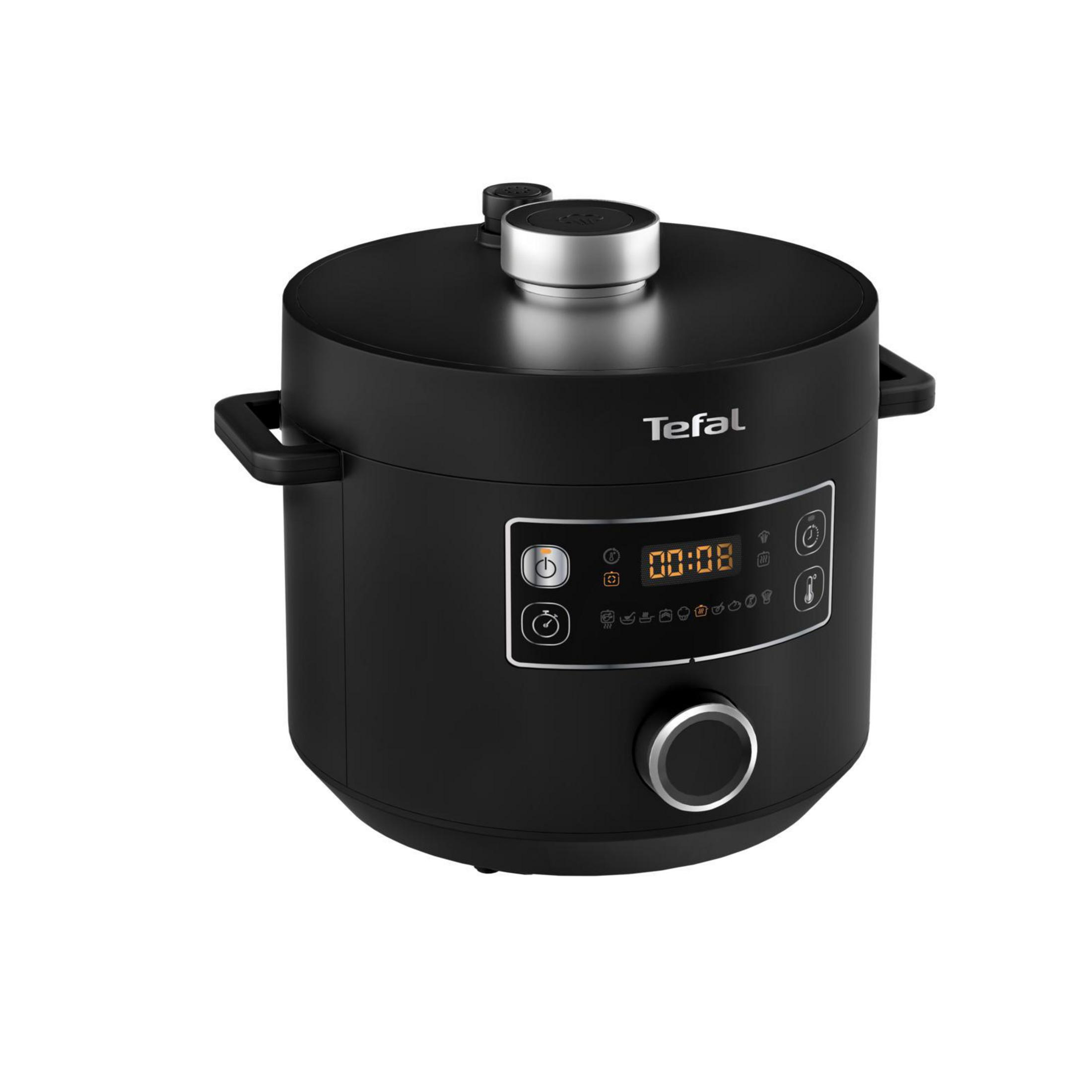 Schwarzer Multikocher mit Digitalanzeige und Bedienelementen. Tefal-Logo sichtbar.