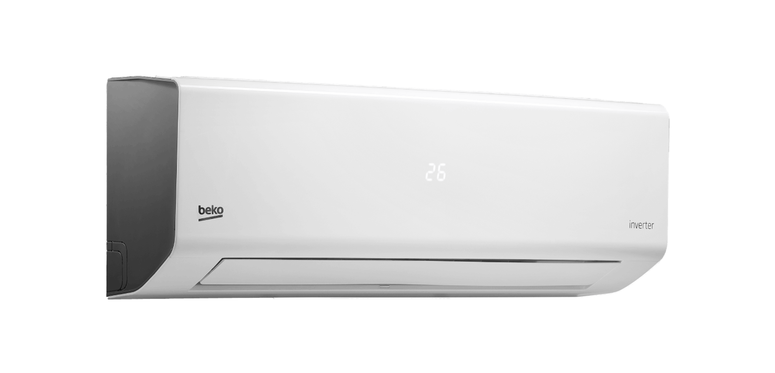 Aire acondicionado Beko blanco, con una pantalla que muestra el número 26, sobre un fondo negro.