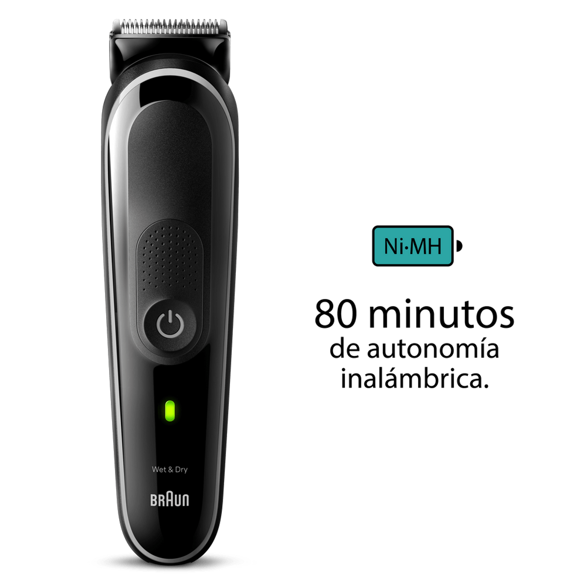 Schwarzer Braun Barttrimmer, grünes Kontrolllicht an, Text Ni-MH & 80min Nutzungszeit.