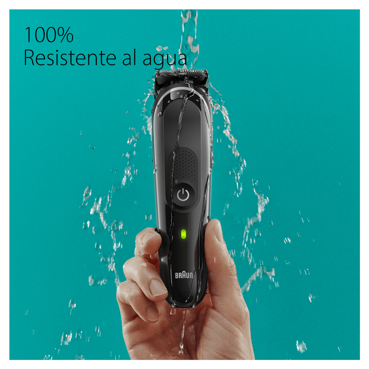 Schwarzer Braun Barttrimmer, Wasser läuft darüber, grüner Power-Knopf, türkisfarbener Hintergrund.