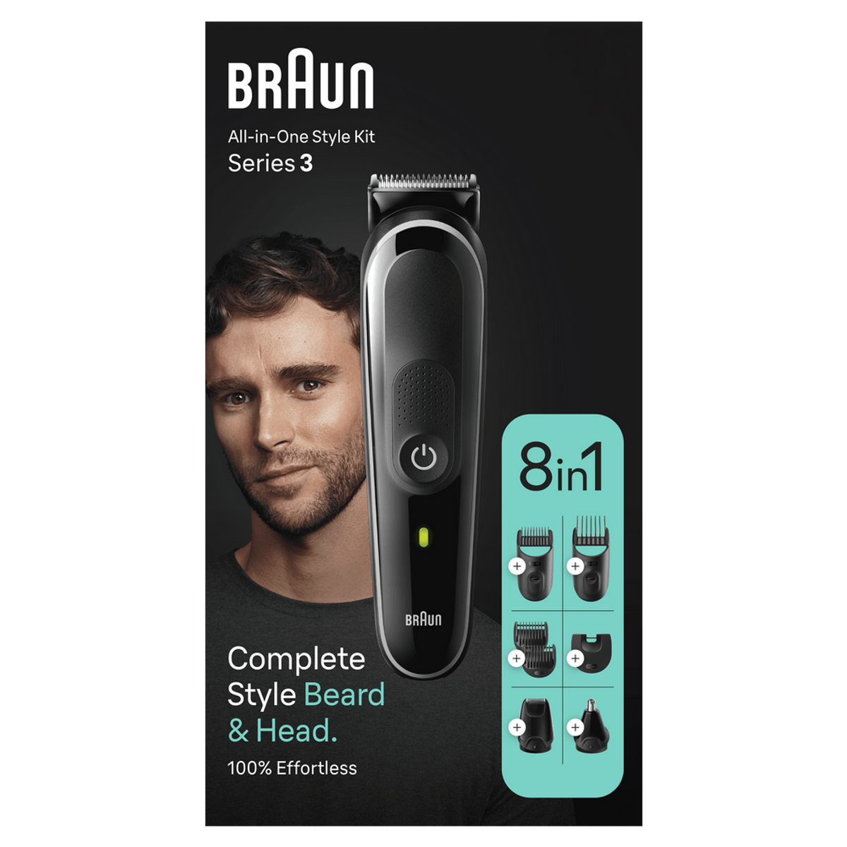 Braun All-in-One Style Kit. Enthält Trimmer, Zubehör und ein Männergesicht.