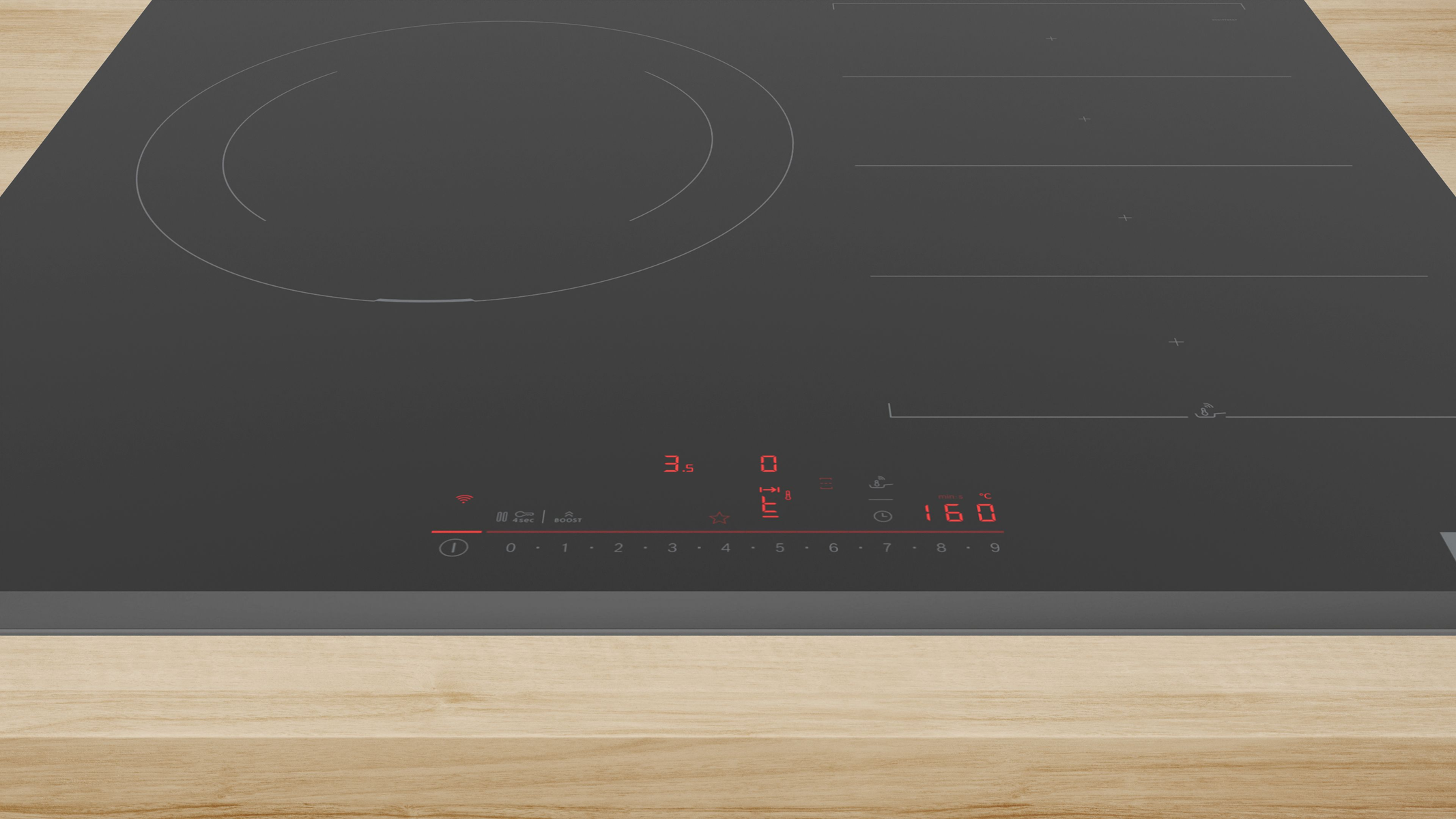 Czarna płyta indukcyjna z czerwonym wyświetlaczem cyfrowym i elementami sterowania dotykowego.