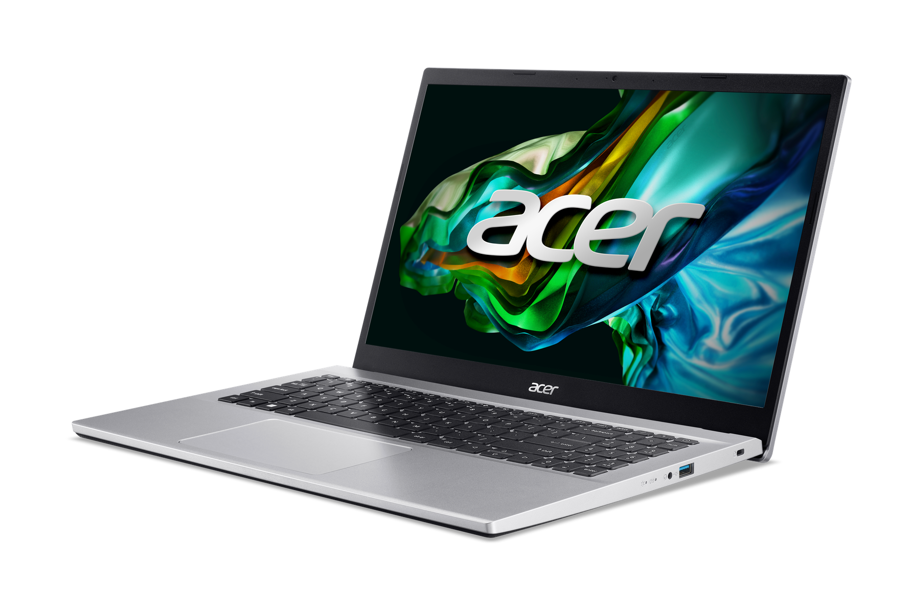 Portátil Acer plateado con pantalla brillante. La marca 'acer' visible en la tapa.