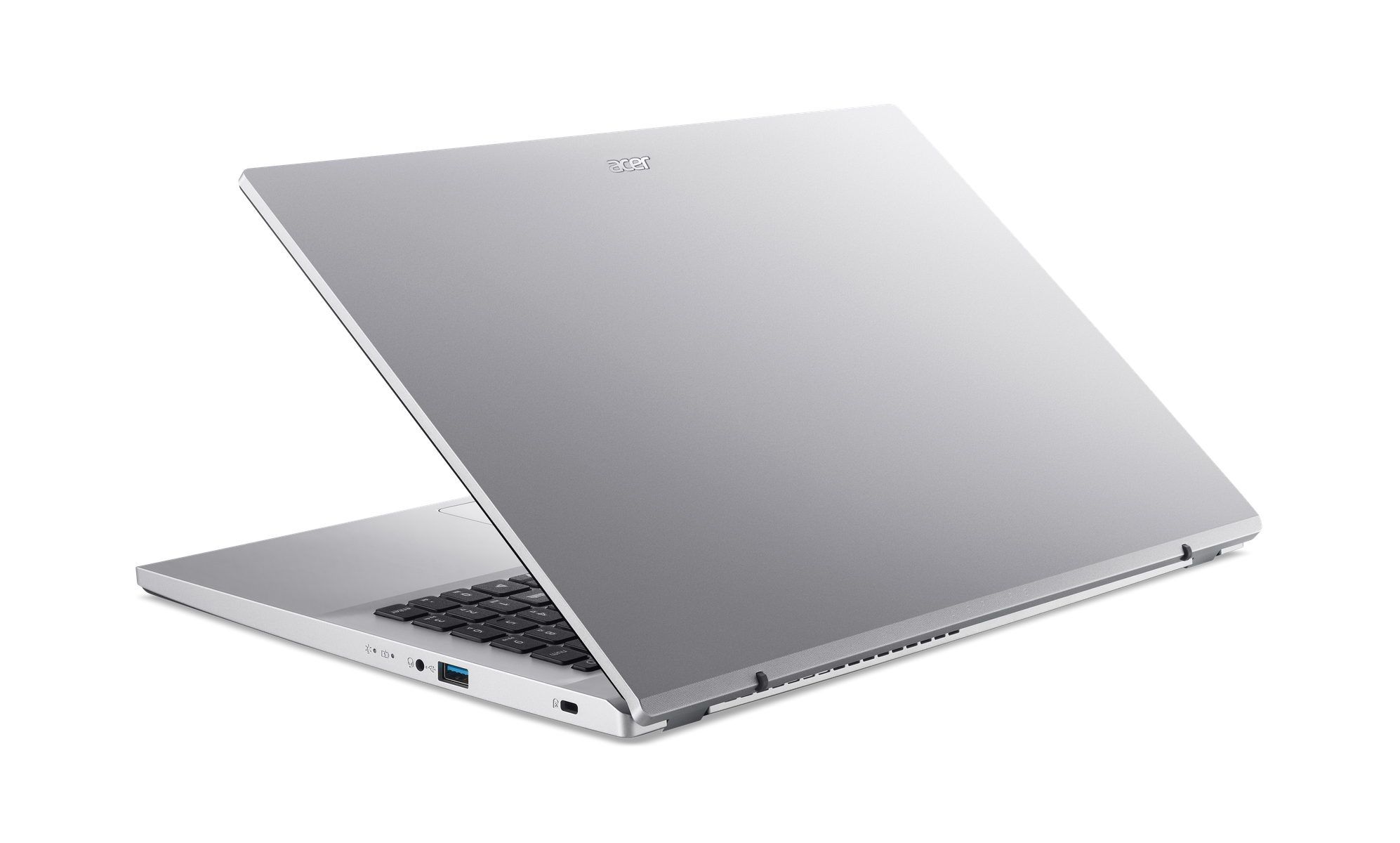 Un portátil Acer plateado, abierto en ángulo, sobre un fondo negro. La pantalla está hacia atrás, mostrando la parte trasera.