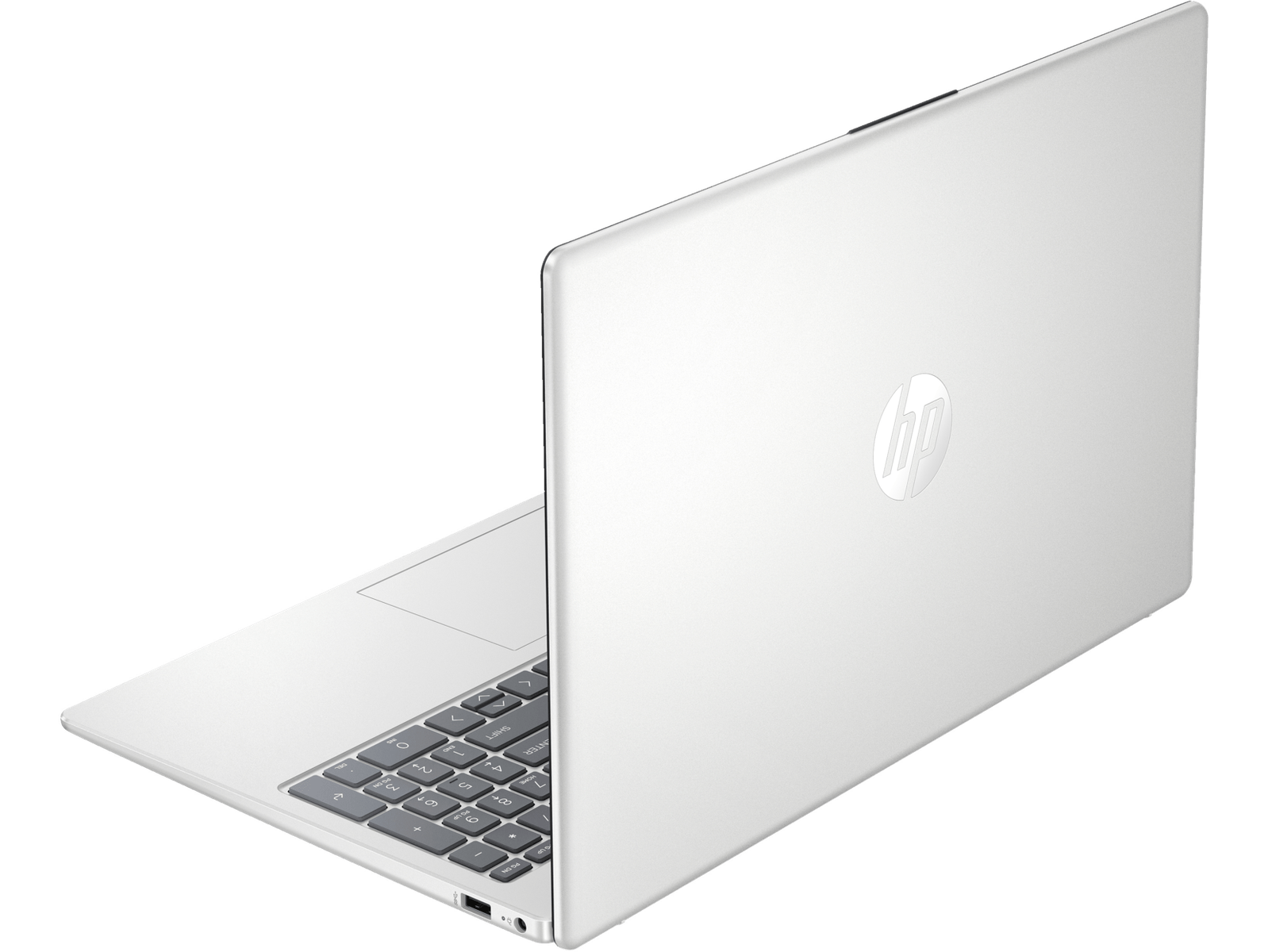 Portátil blanco desde atrás con un logotipo de HP. Fondo negro.