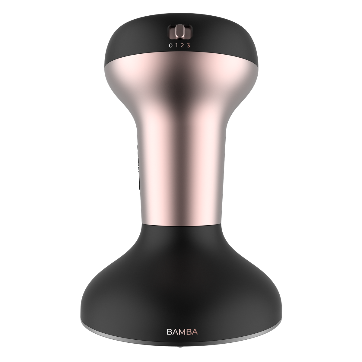 Un massaggiatore facciale Bamba nero e oro rosa, con un quadrante 0-1-2-3 in alto.