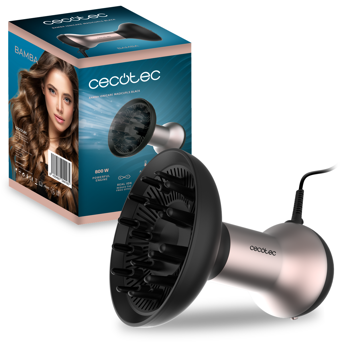 Asciugacapelli con scatola. L'asciugacapelli è nero e argento, e la scatola mostra una donna con i capelli ricci.