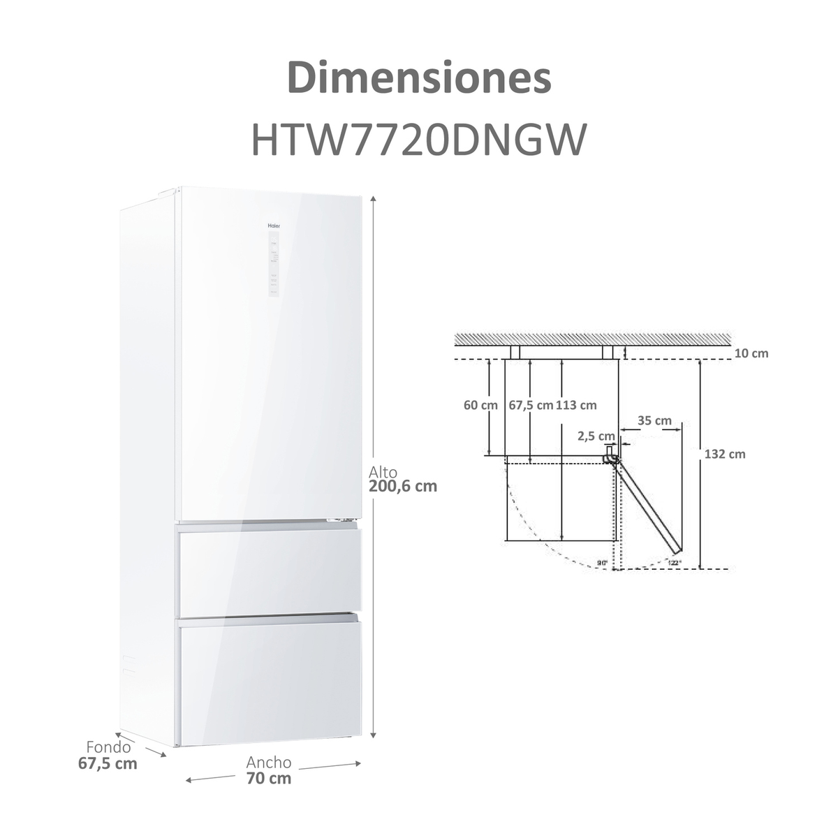 Weißer Haier-Kühlschrank mit Abmessungen und Diagramm. Er hat 3 Schubladen und eine Tür.