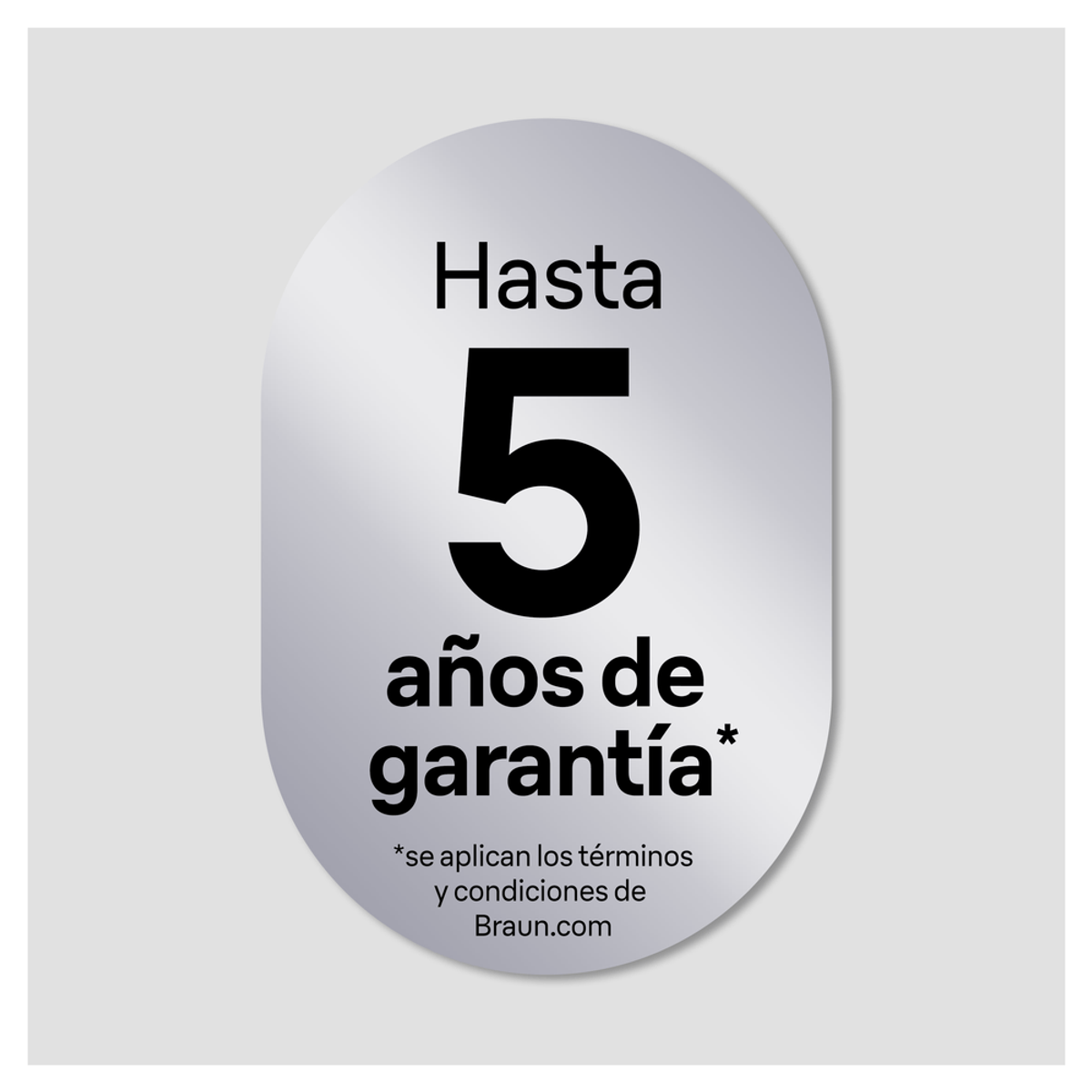 Okrągła naklejka z tekstem 'Hasta 5 años de garantía' na szarym tle.