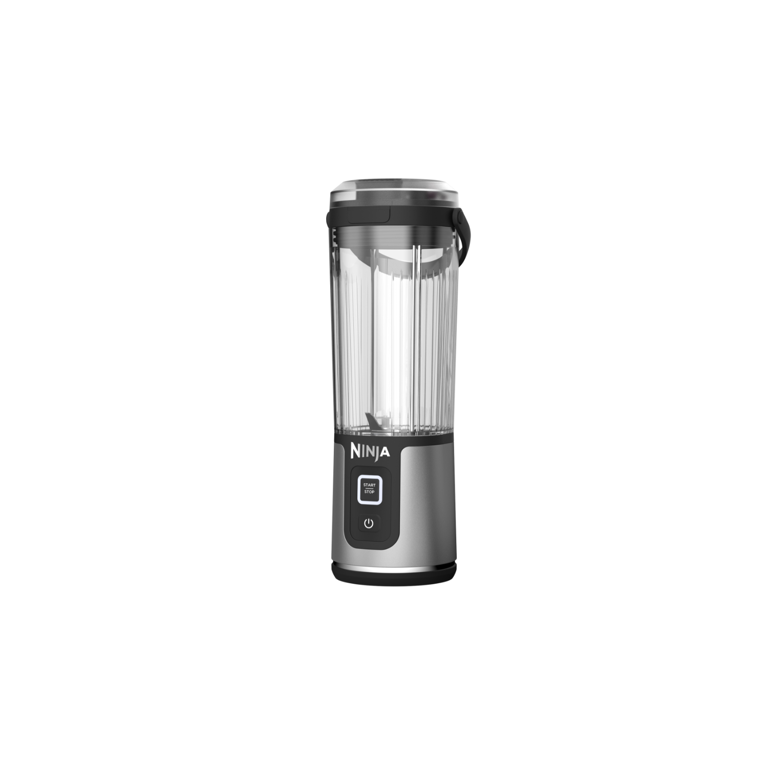 Srebrny blender z czarnym uchwytem. Ma logo Ninja i przycisk start/stop.