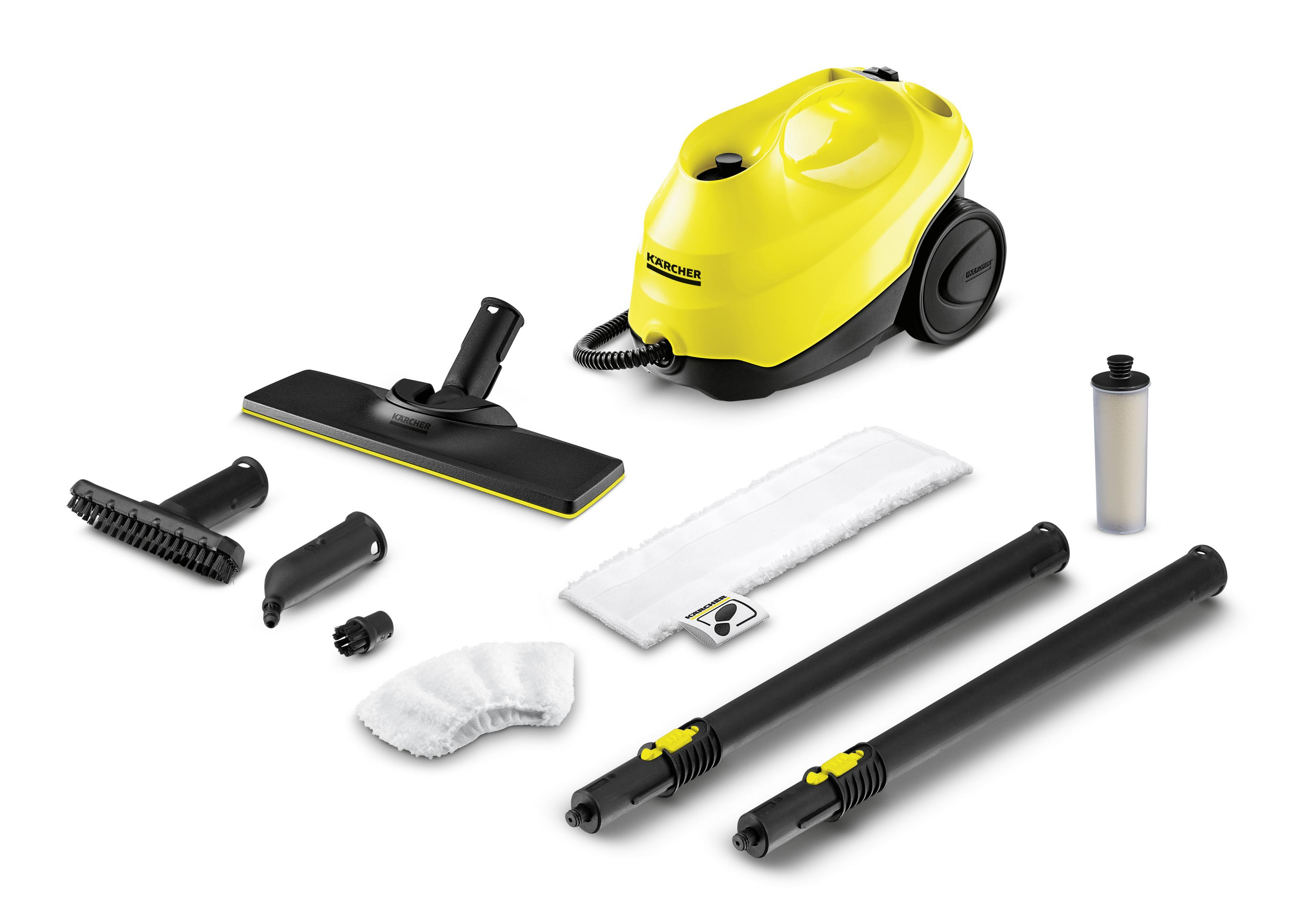 Pulitore a vapore giallo con accessori. Attacchi vari visibili. Sfondo bianco.