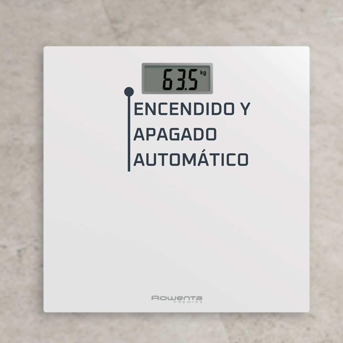 Báscula digital blanca muestra 63,5 kg. Texto en español dice 'Encendido y Apagado Automático'.