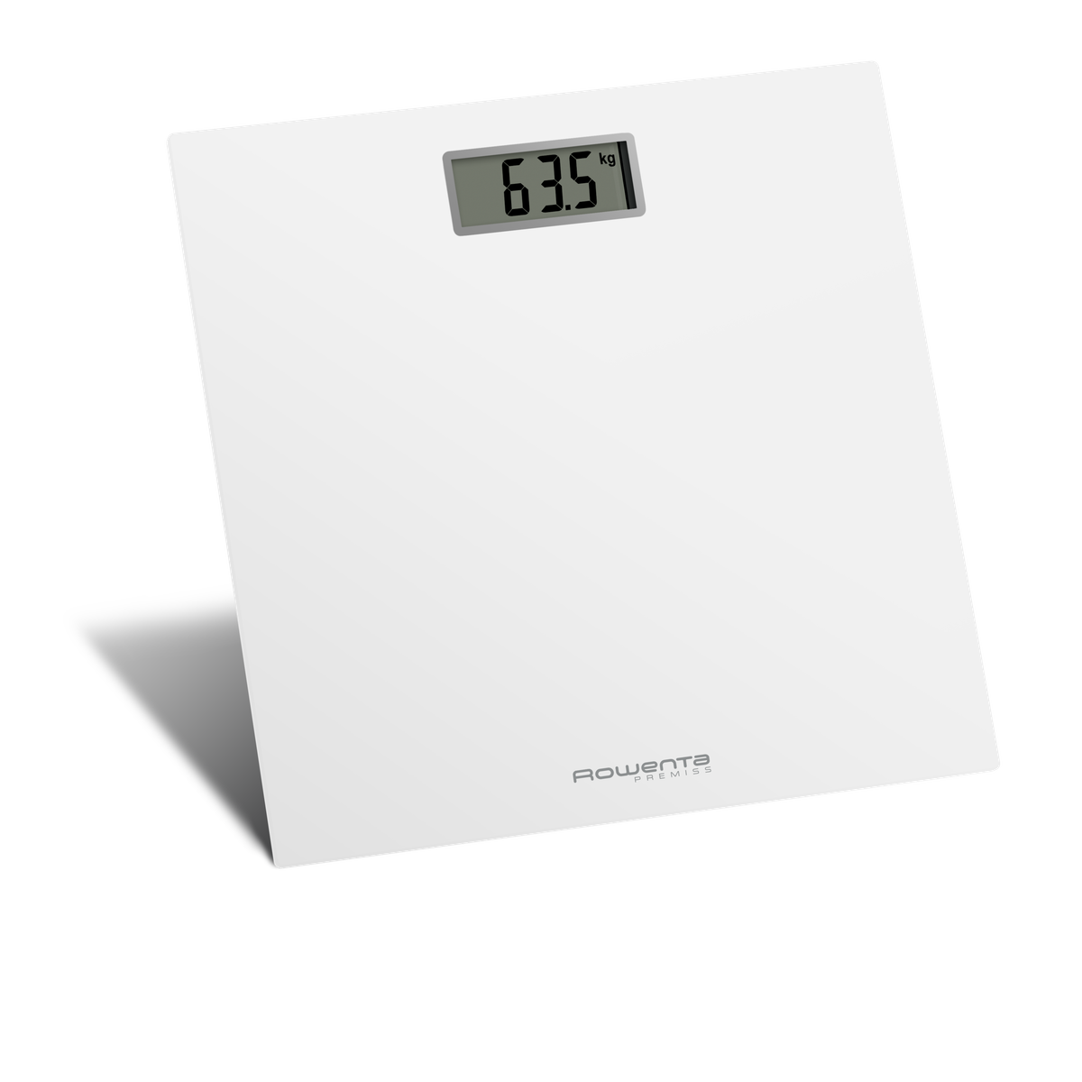 Una báscula de baño digital blanca que muestra 63,5 kg, con fondo negro.