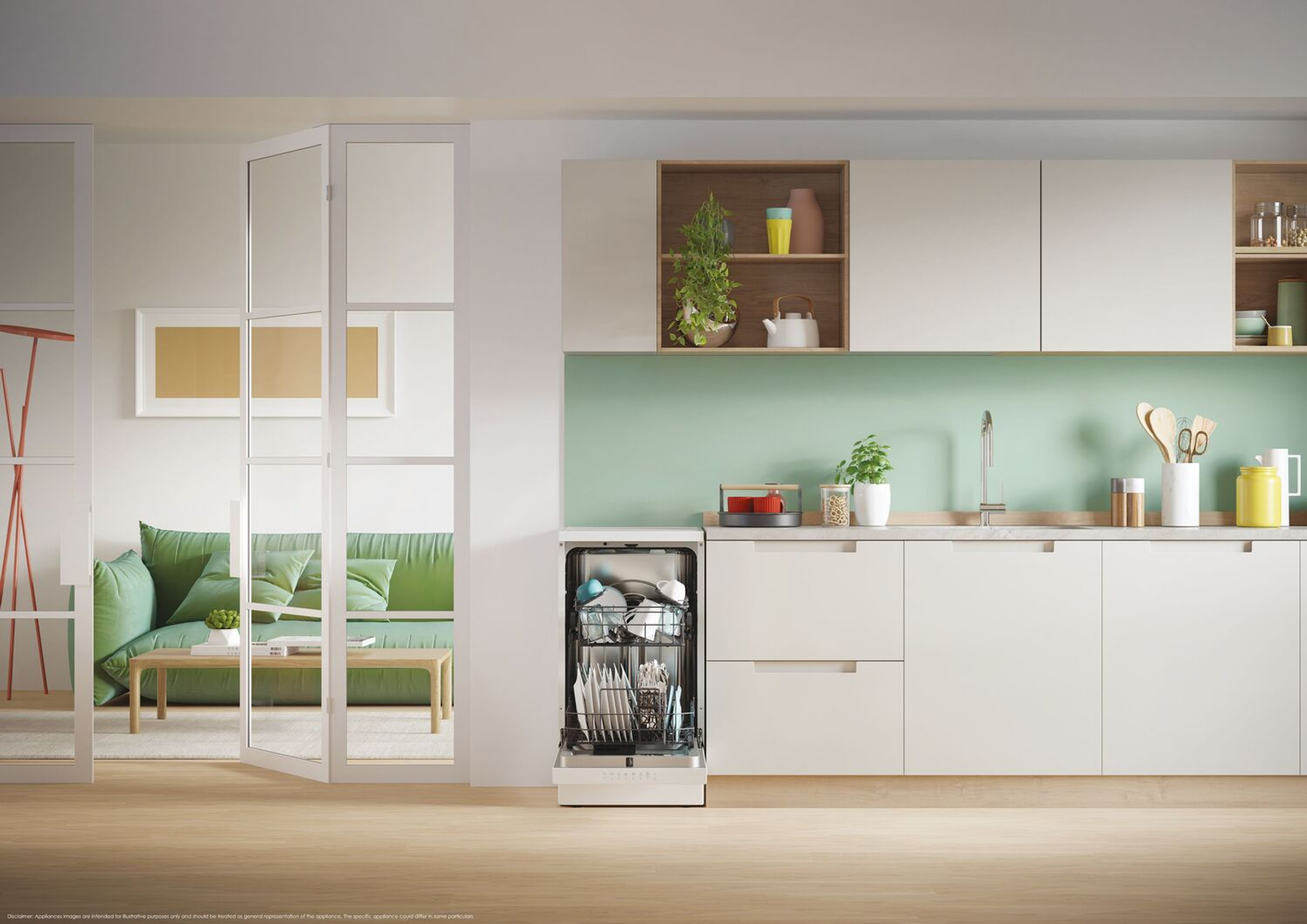 Una cocina moderna con gabinetes blancos, una pared verde y un lavavajillas abierto con platos limpios.