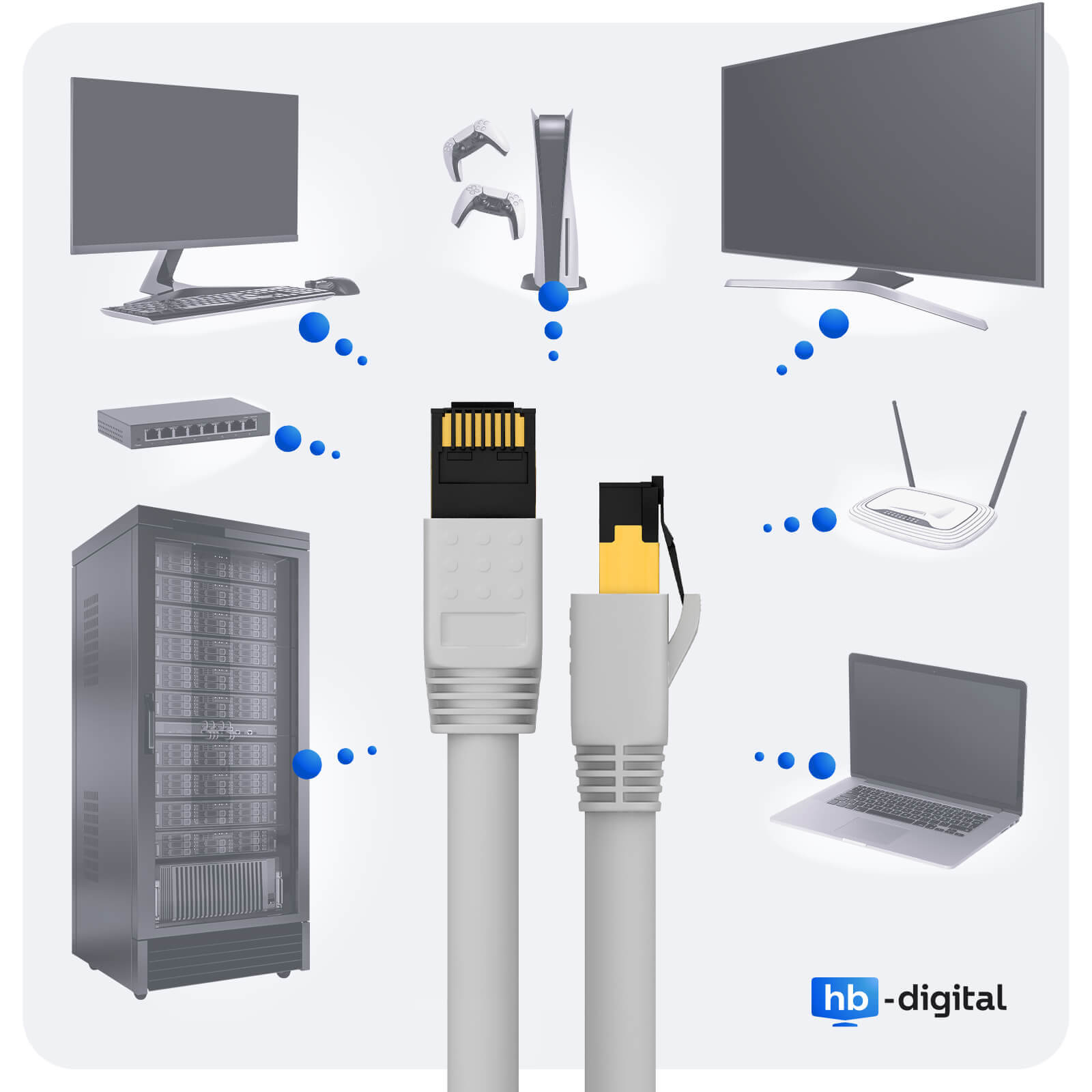 Netzwerkdiagramm. Kabel, Geräte: Computer, Router, Server, Fernseher, Laptop und Spielkonsolen.