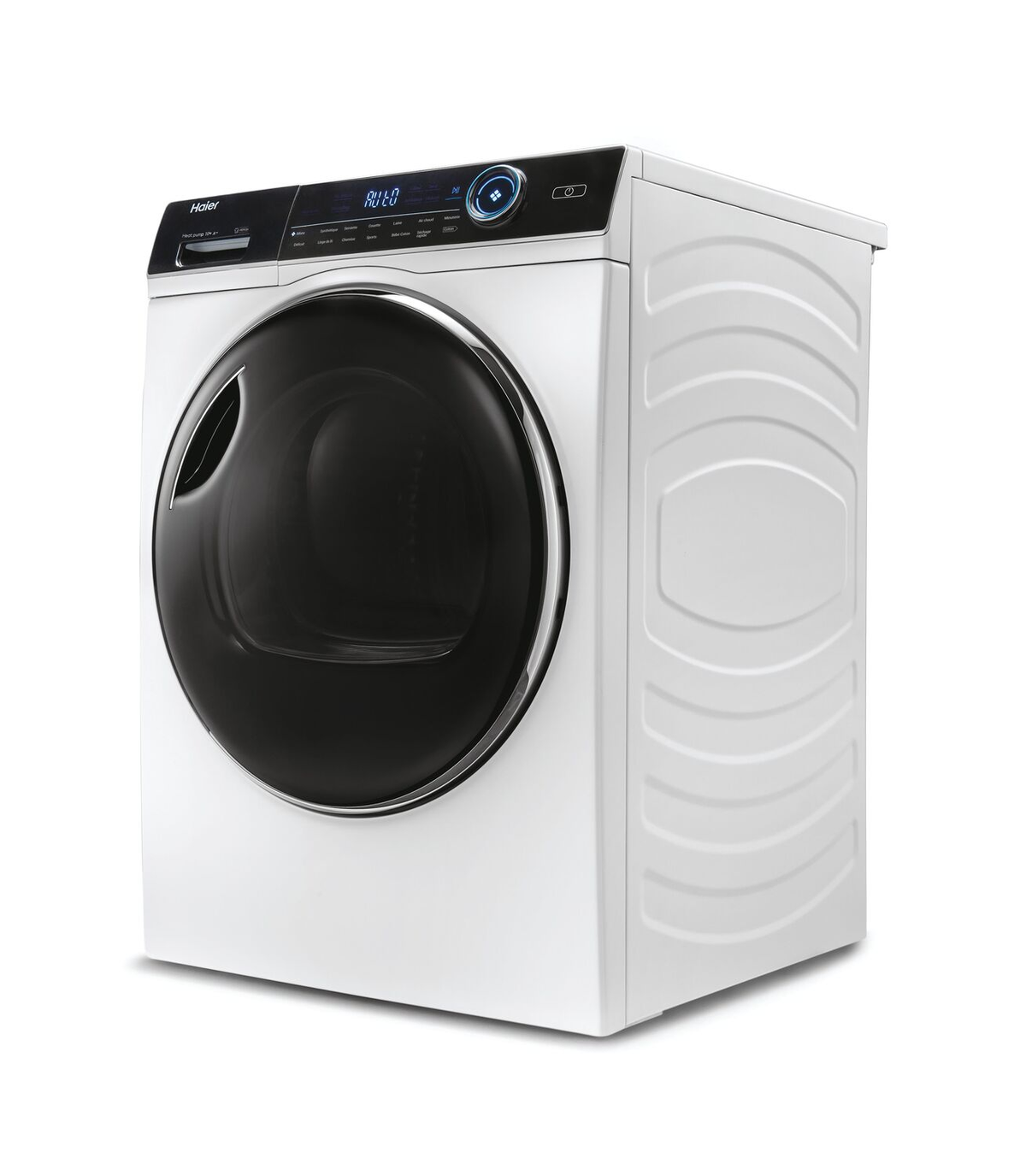 Secadora Haier blanca. Cuenta con puerta negra, panel de control y diseño redondeado.