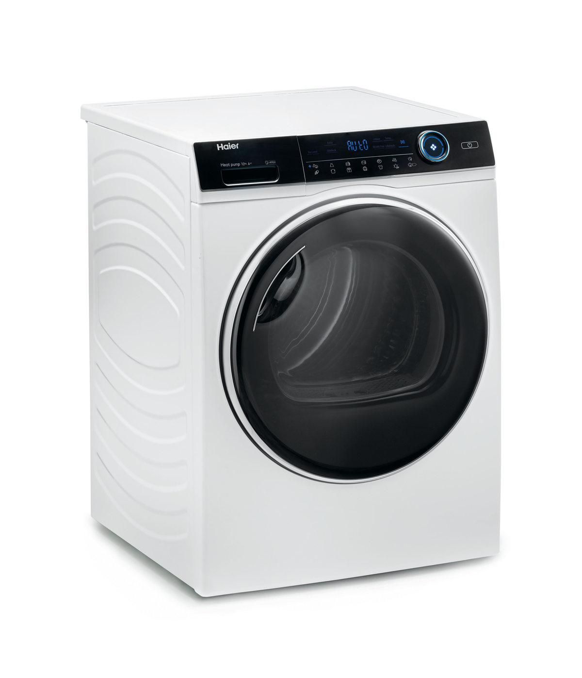 Secadora Haier blanca con pantalla negra frontal, vista en ángulo, fondo blanco.