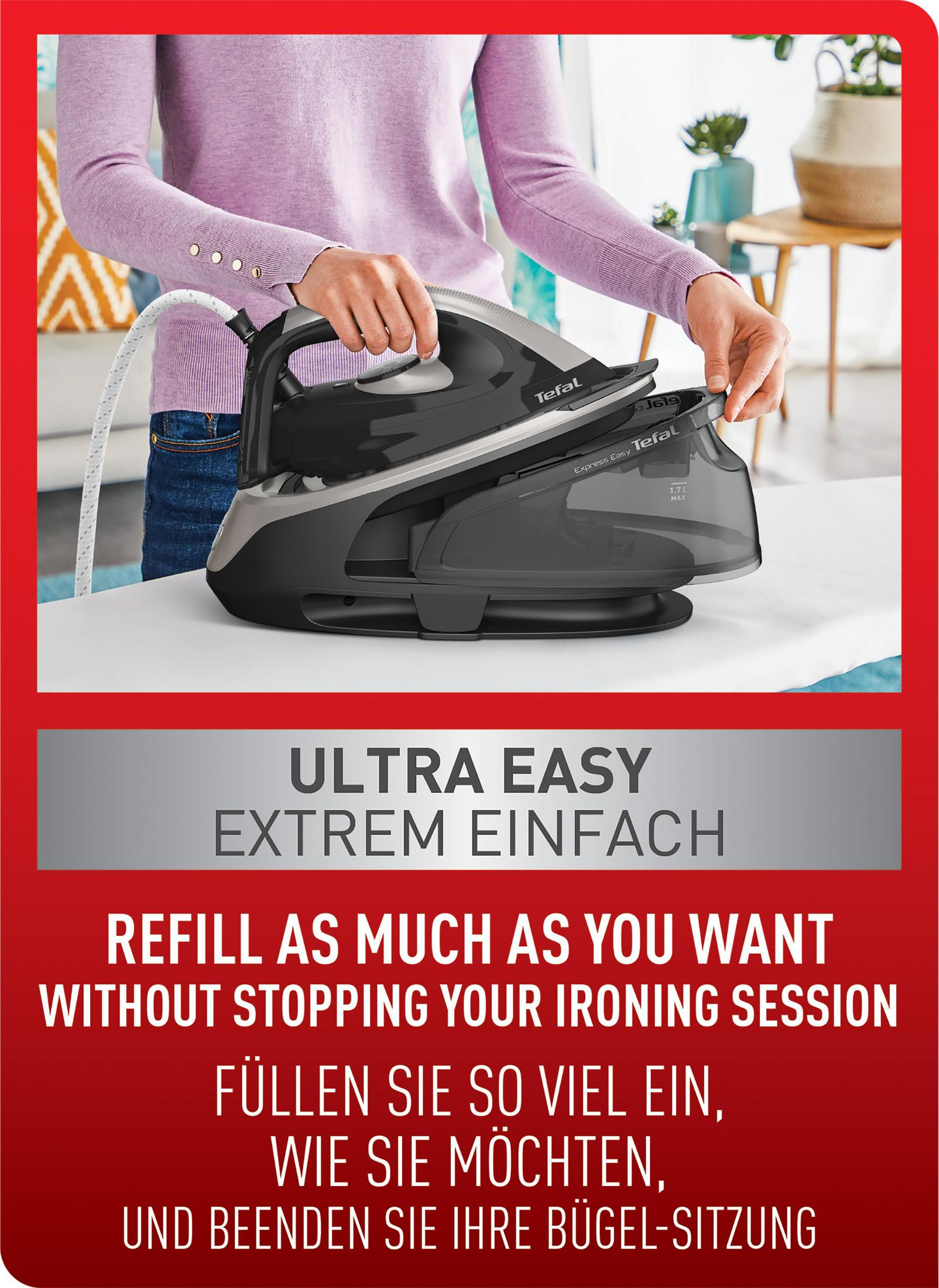 Kobieta używająca czarnego i szarego żelazka z białym kablem parowym na białej desce do prasowania.