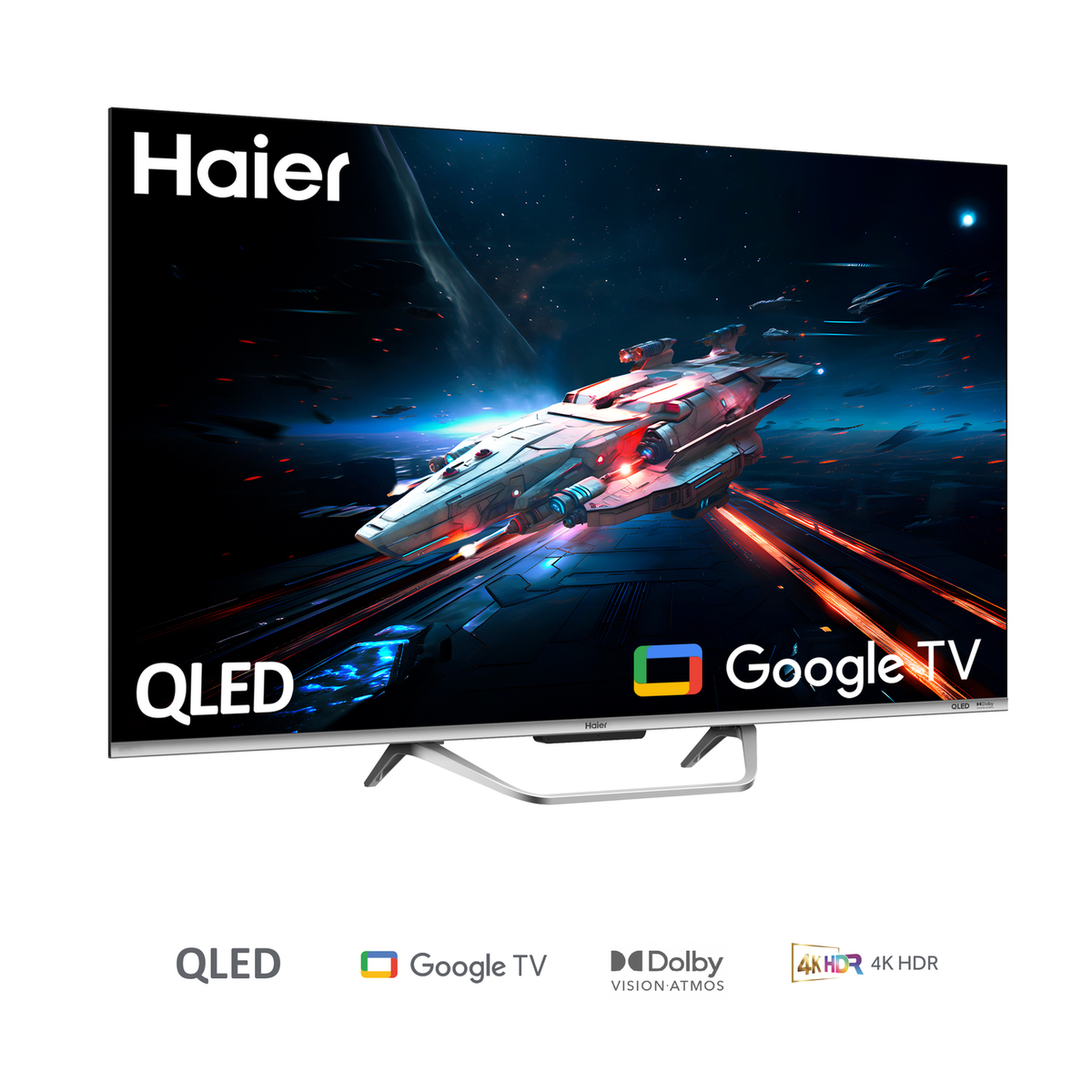 Haier QLED Google TV auf weißem Hintergrund. Der Bildschirm zeigt eine Raumschiffszene.