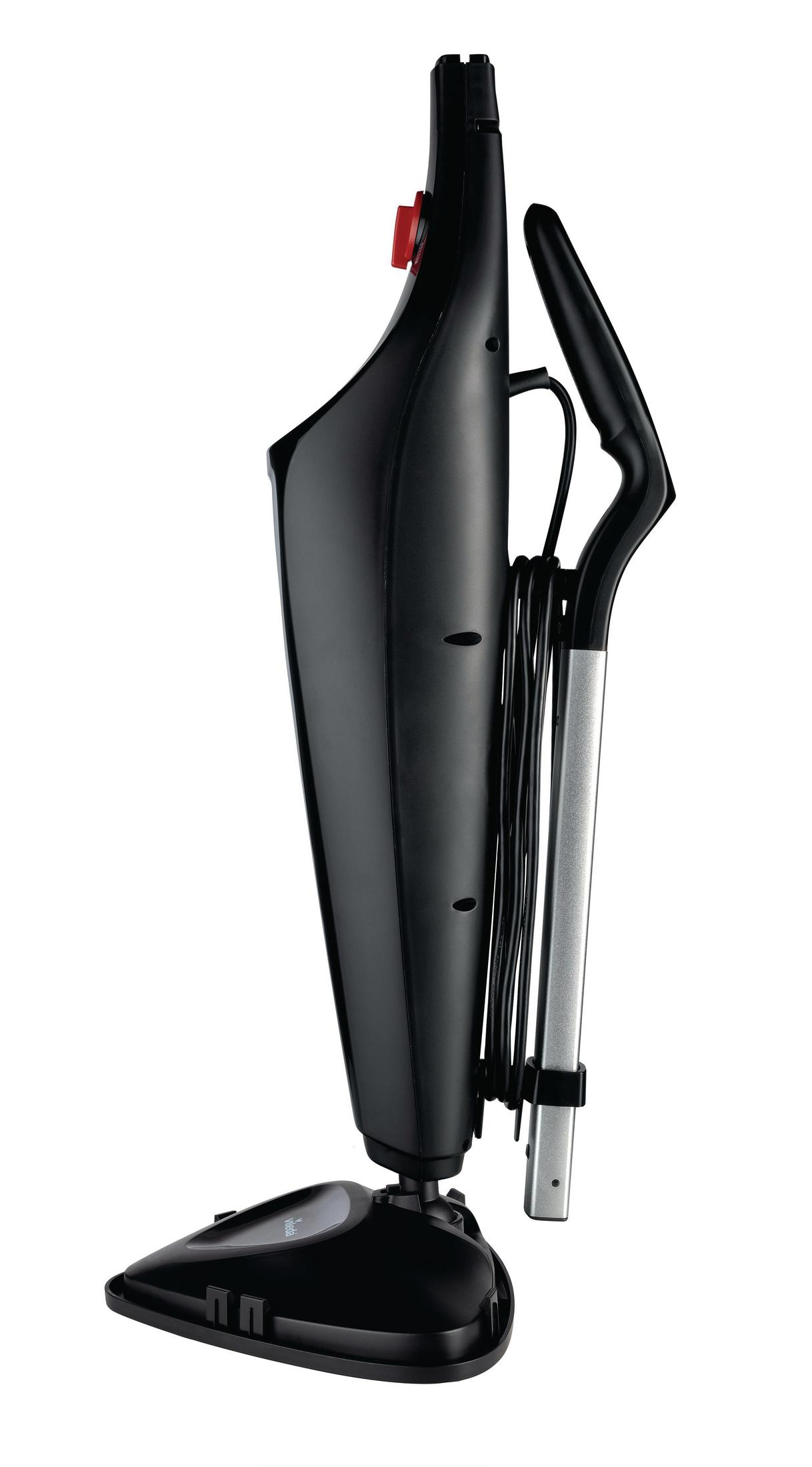Czarny odkurzacz ręczny, widok z boku, stojący pionowo. Uchwyt jest srebrny i wysunięty.