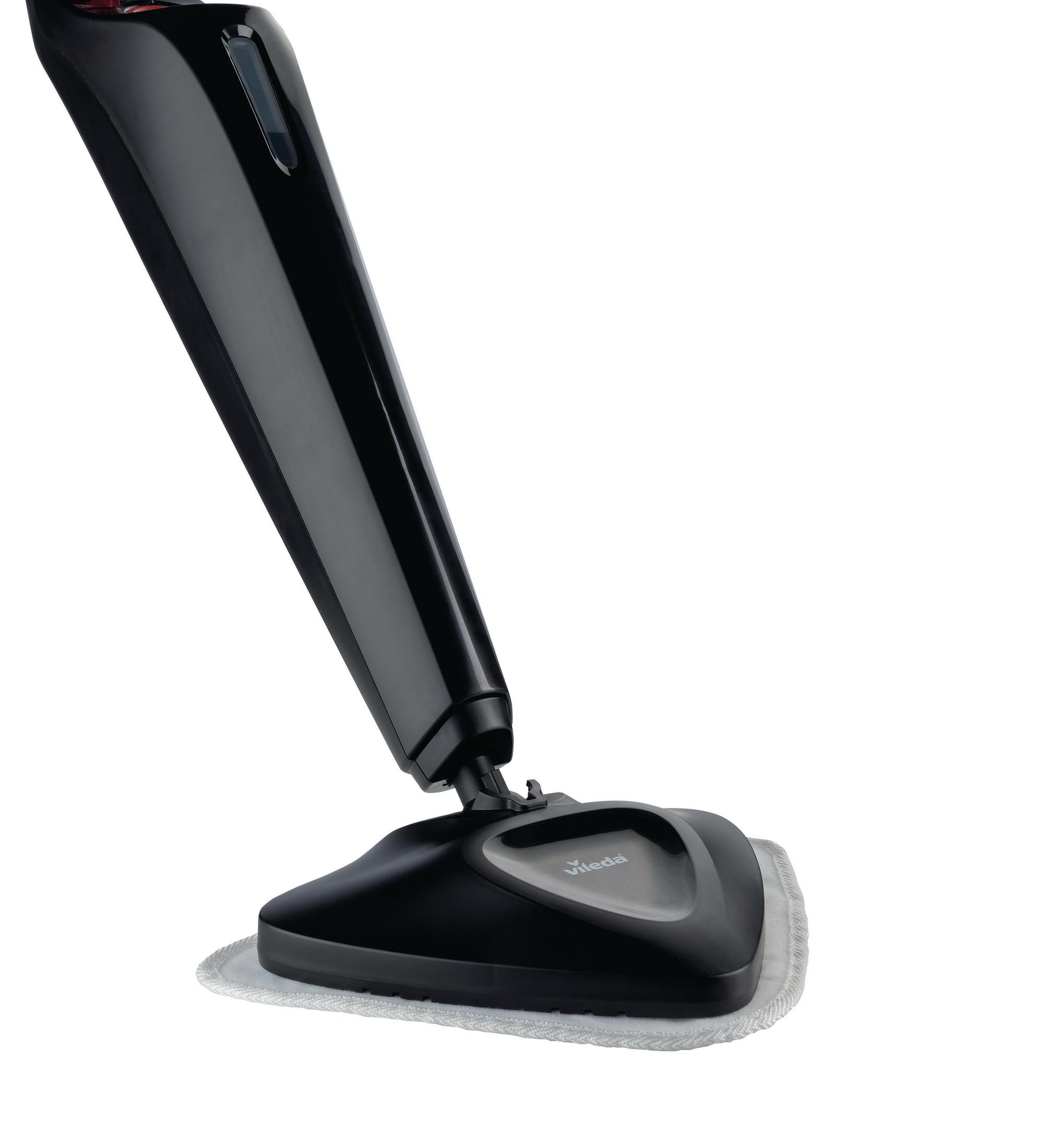 Czarny mop parowy z szarą nakładką i białym tłem. Mop jest pod kątem.