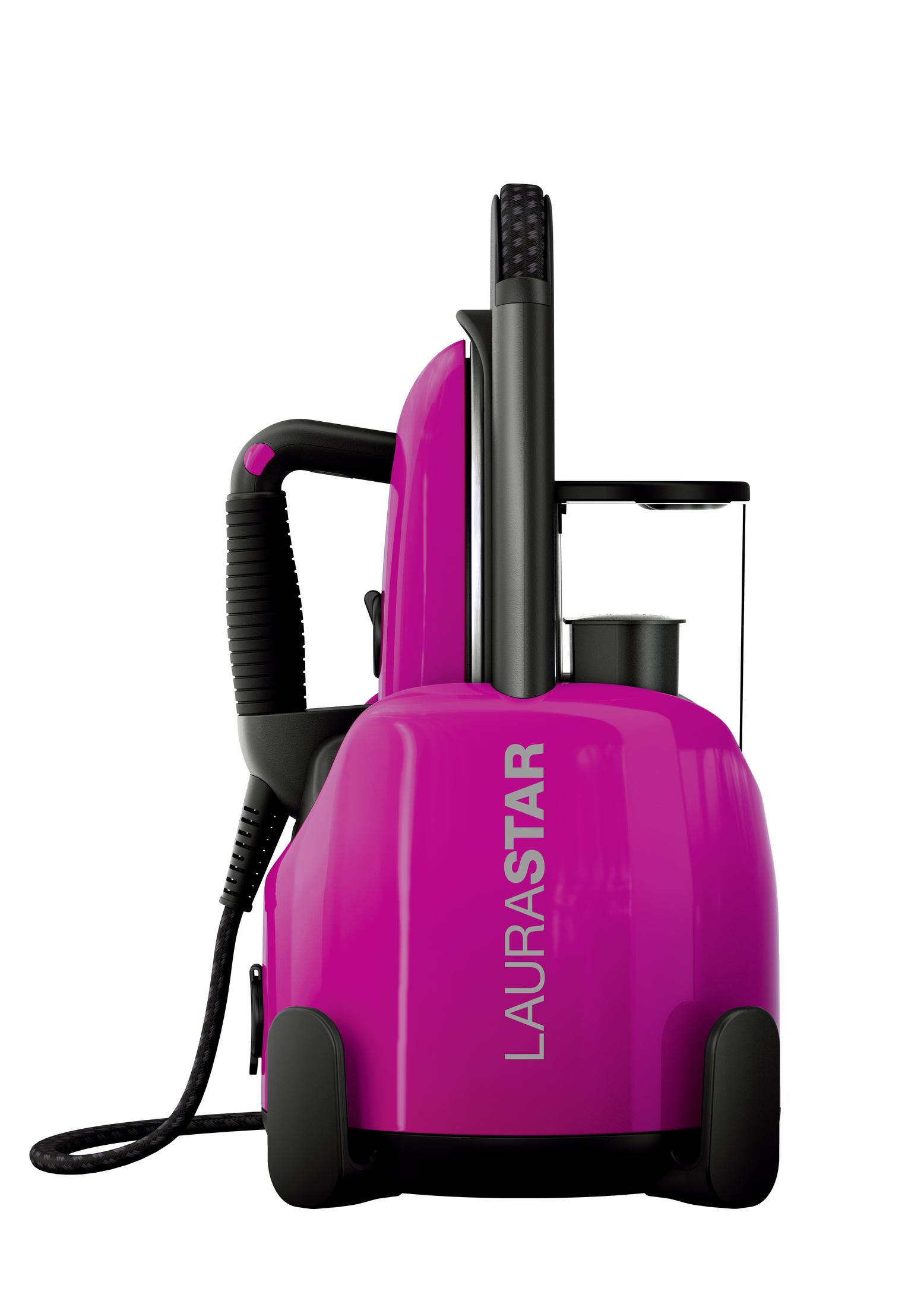 Nettoyeur vapeur rose vif avec poignée noire, roues noires et fond blanc.