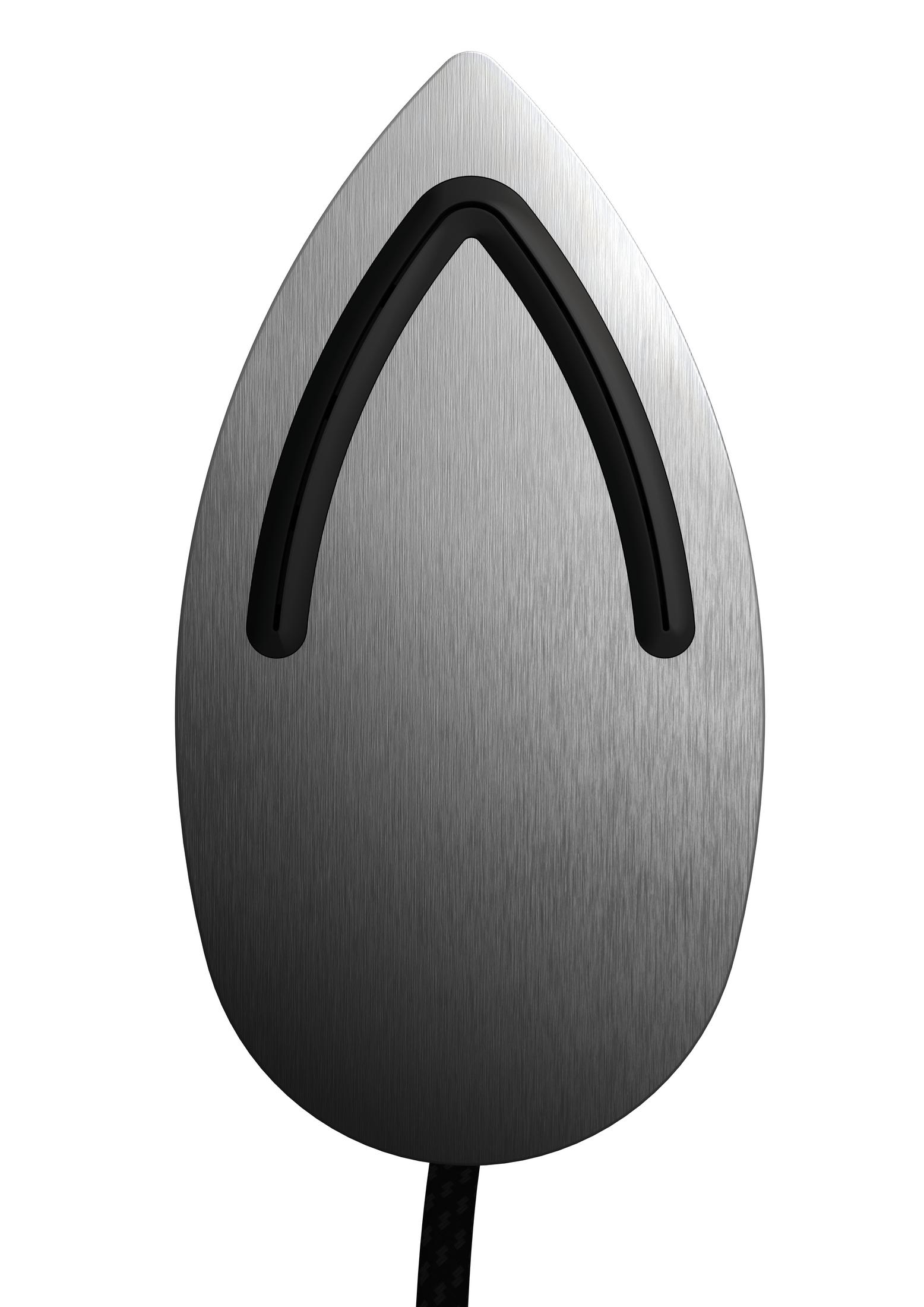 Souris d'ordinateur en métal brossé, vue de dessus, avec un câble noir.