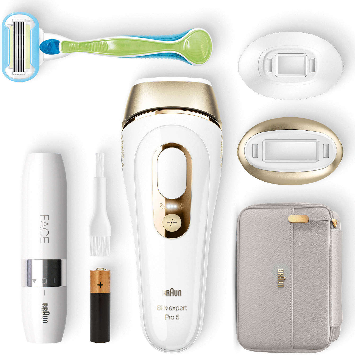 Cihaz, fırça, yüz epilatörü ve bir kılıf dahil olmak üzere bir dizi Braun Silk-expert Pro 5 epilatör parçası.