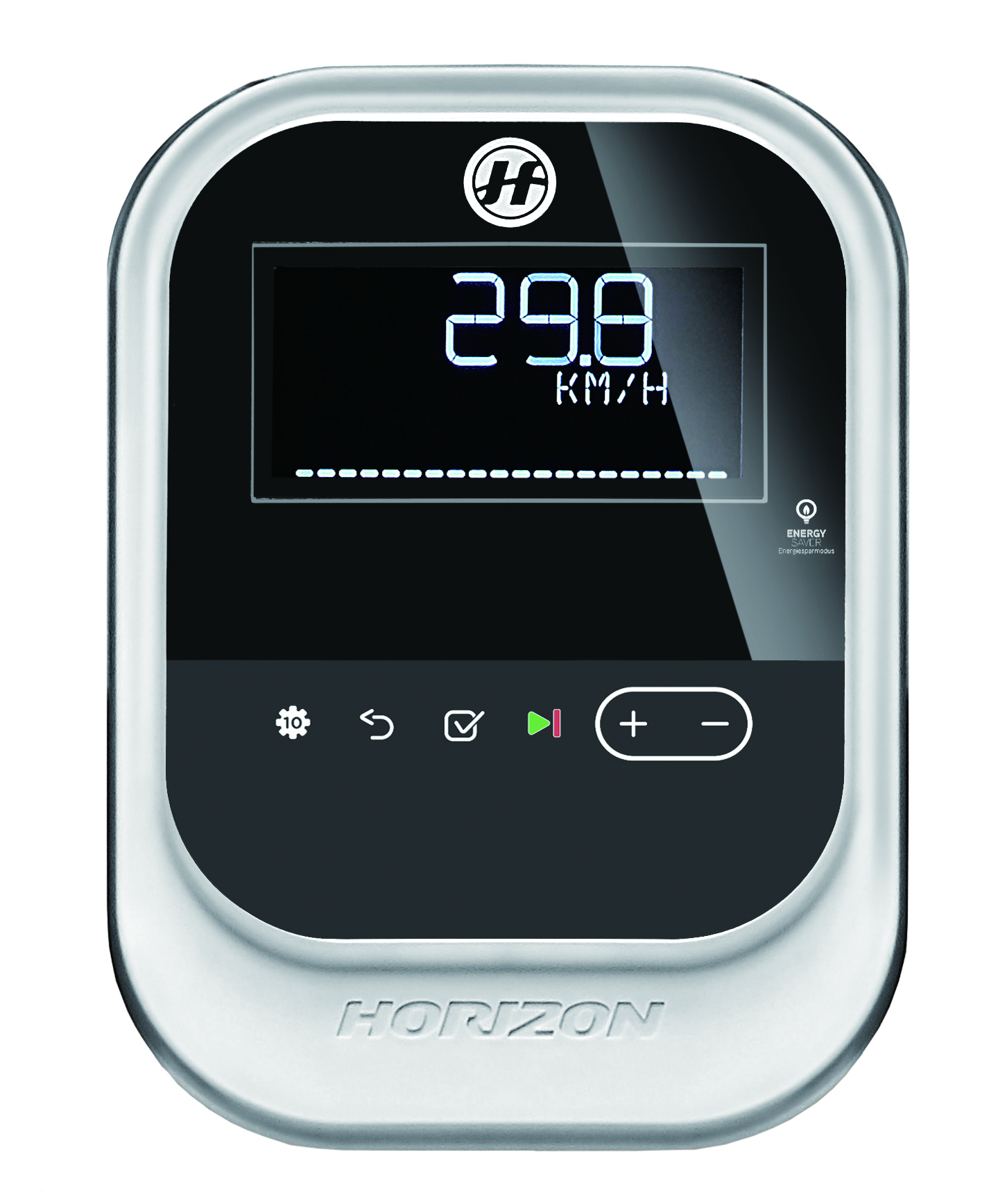 Ein Fitnessmonitor, der die Geschwindigkeit als 29,8 km/h anzeigt. Es hat Knöpfe und ein Display.