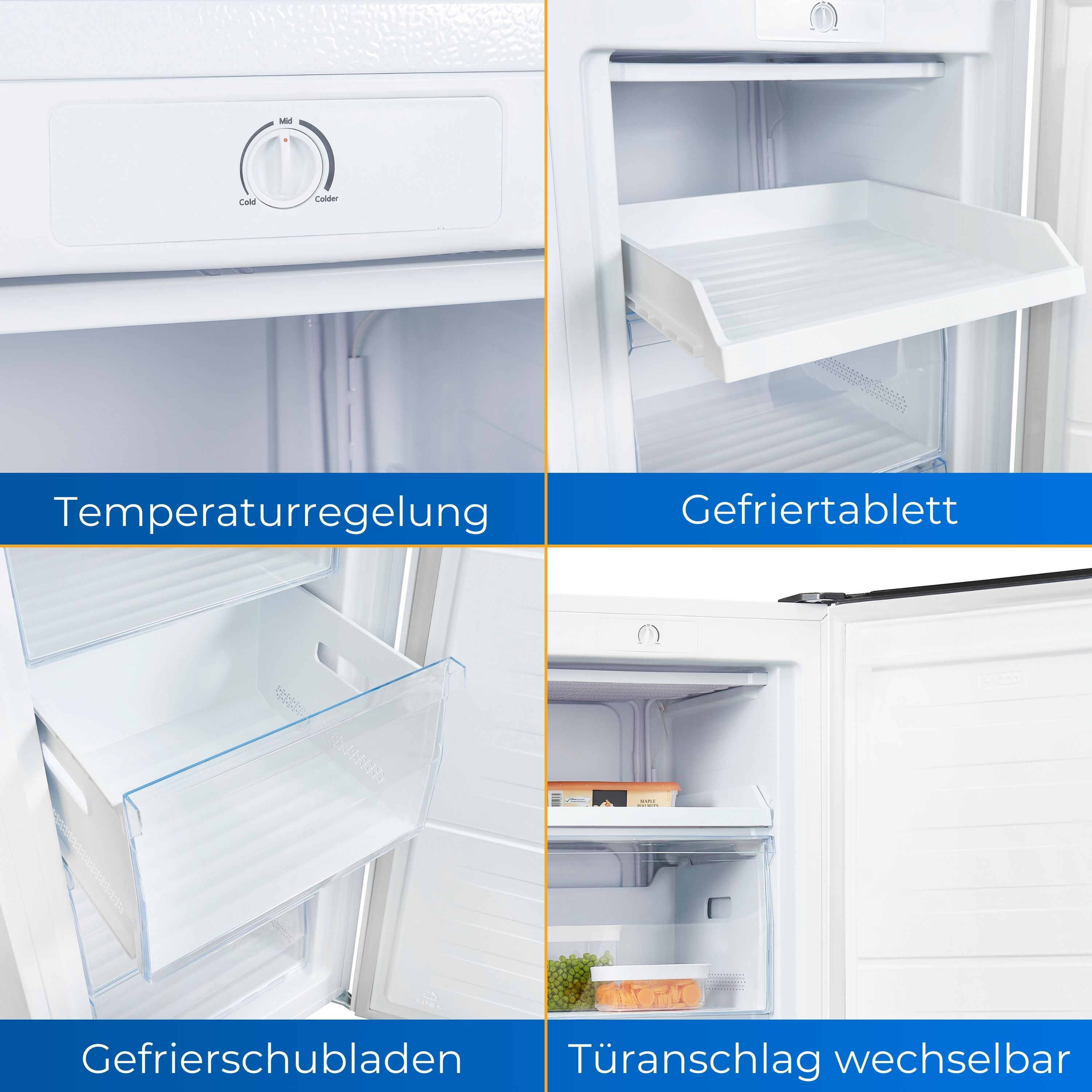 Vier Bilder eines weißen Kühlschranks mit Beschriftungen. Temperaturregelung, Gefriertablett usw.