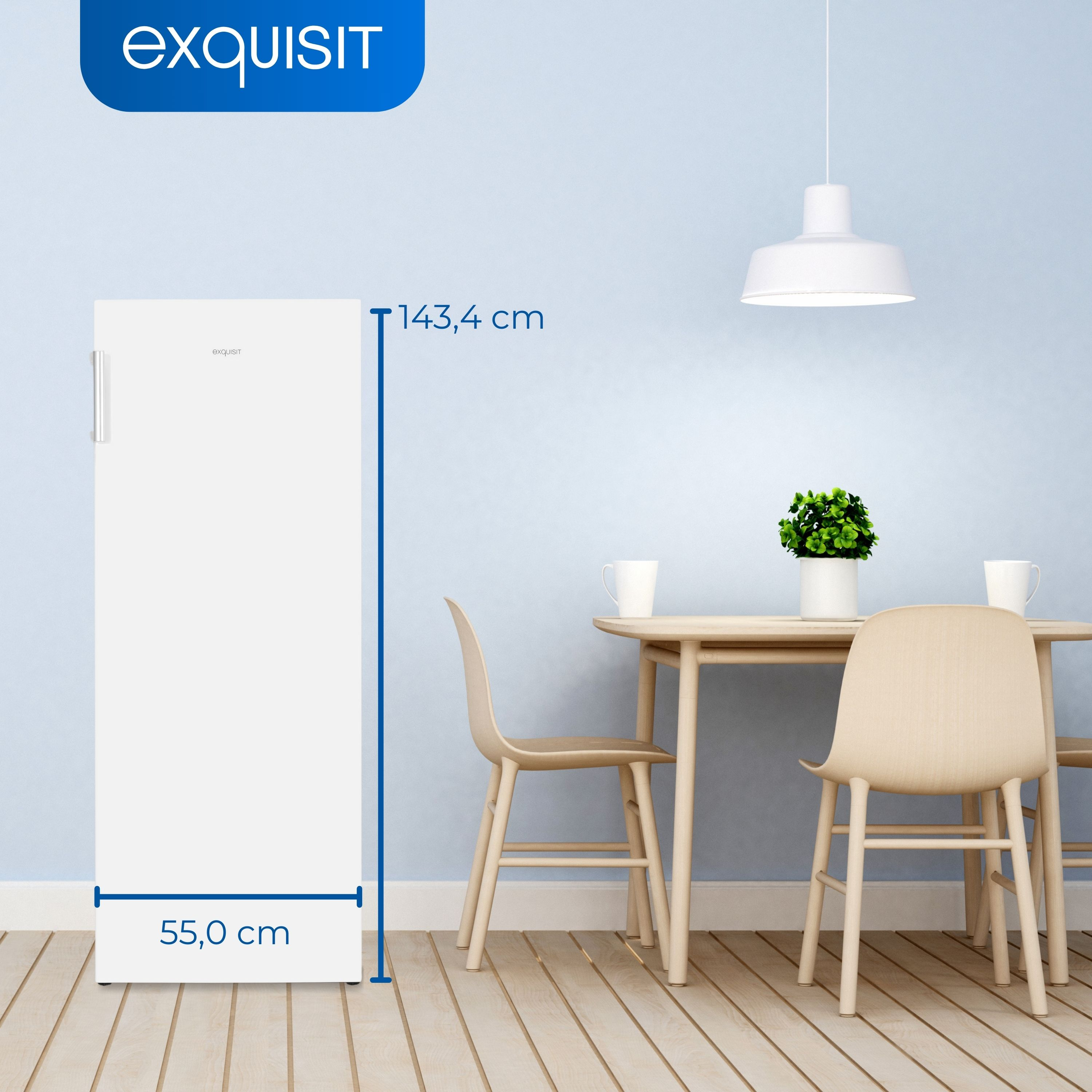 Ein weißer Kühlschrank mit angegebenen Abmessungen. Ein Tisch mit zwei Stühlen, eine Pflanze und eine Hängelampe im Hintergrund.