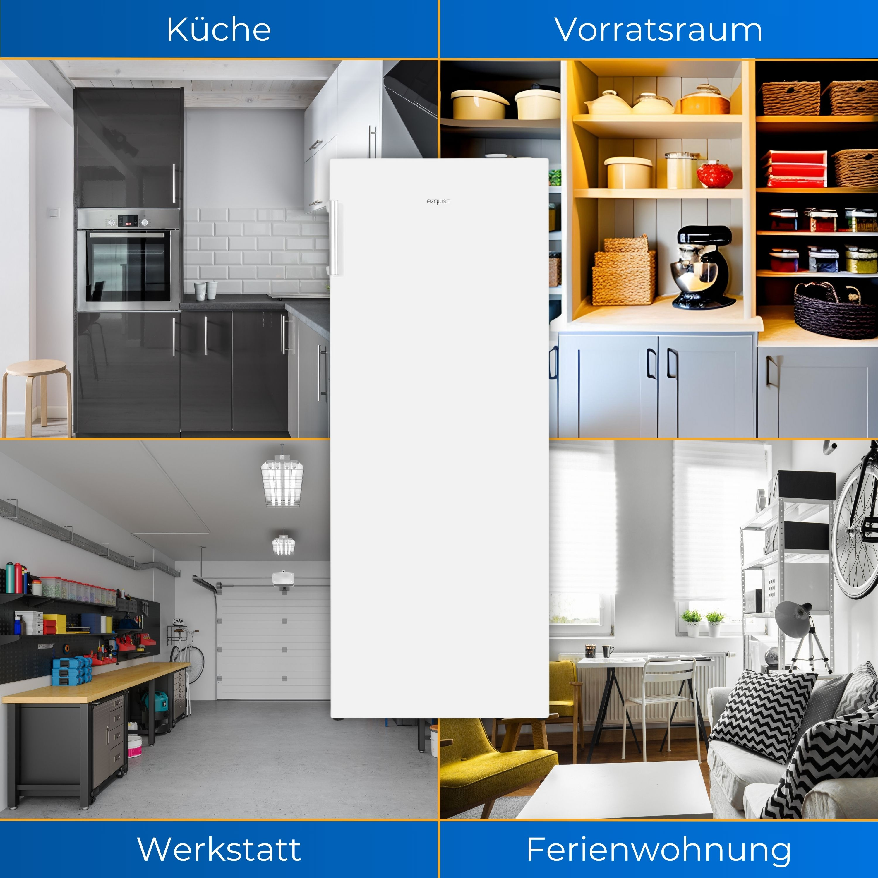 Ein weißer Kühlschrank steht in der Mitte von vier Bildern: Küche, Vorratsraum, Werkstatt und Ferienwohnung.