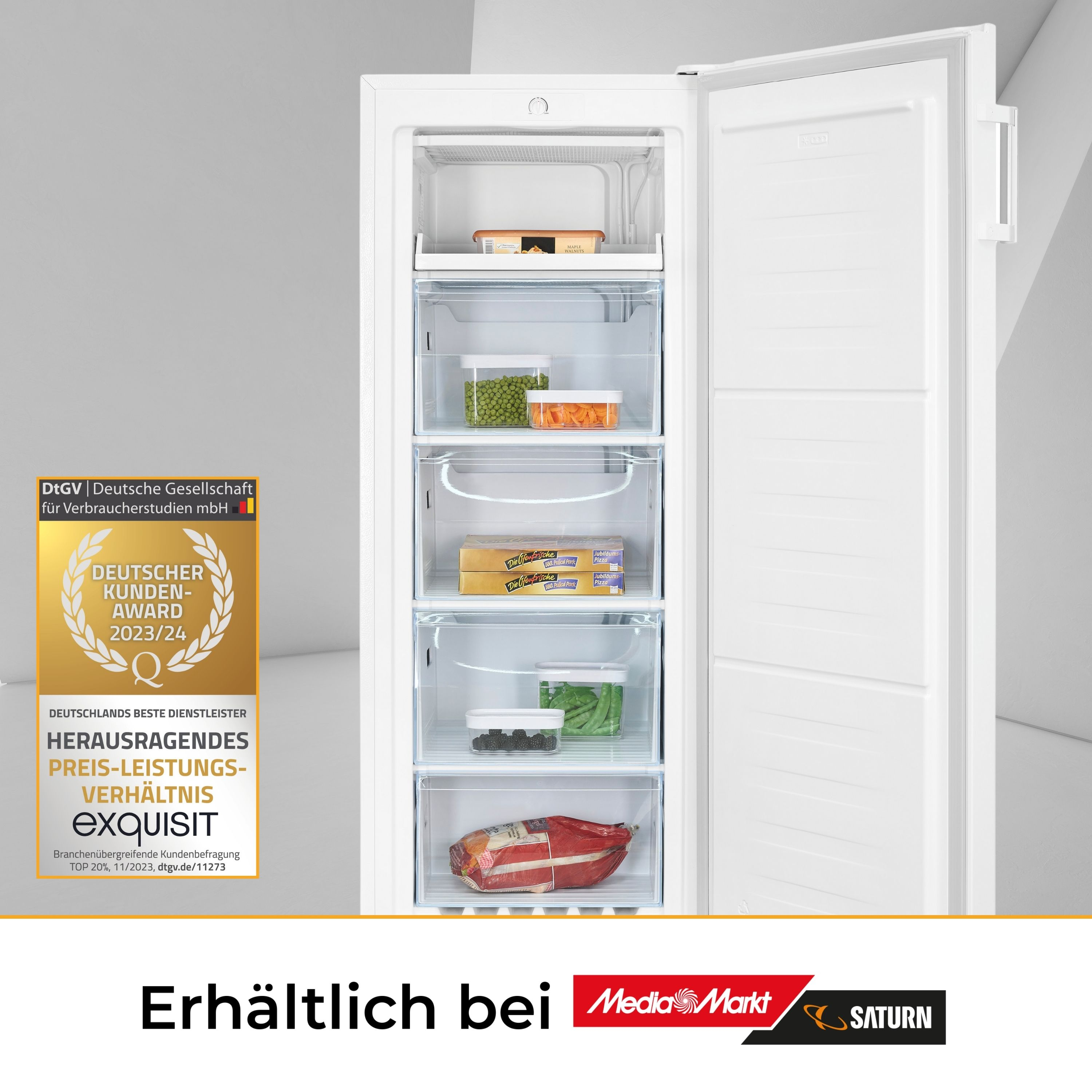 Geöffneter Gefrierschrank mit Schubladen voller Lebensmittel. Auszeichnungsplakette links. Text unten.