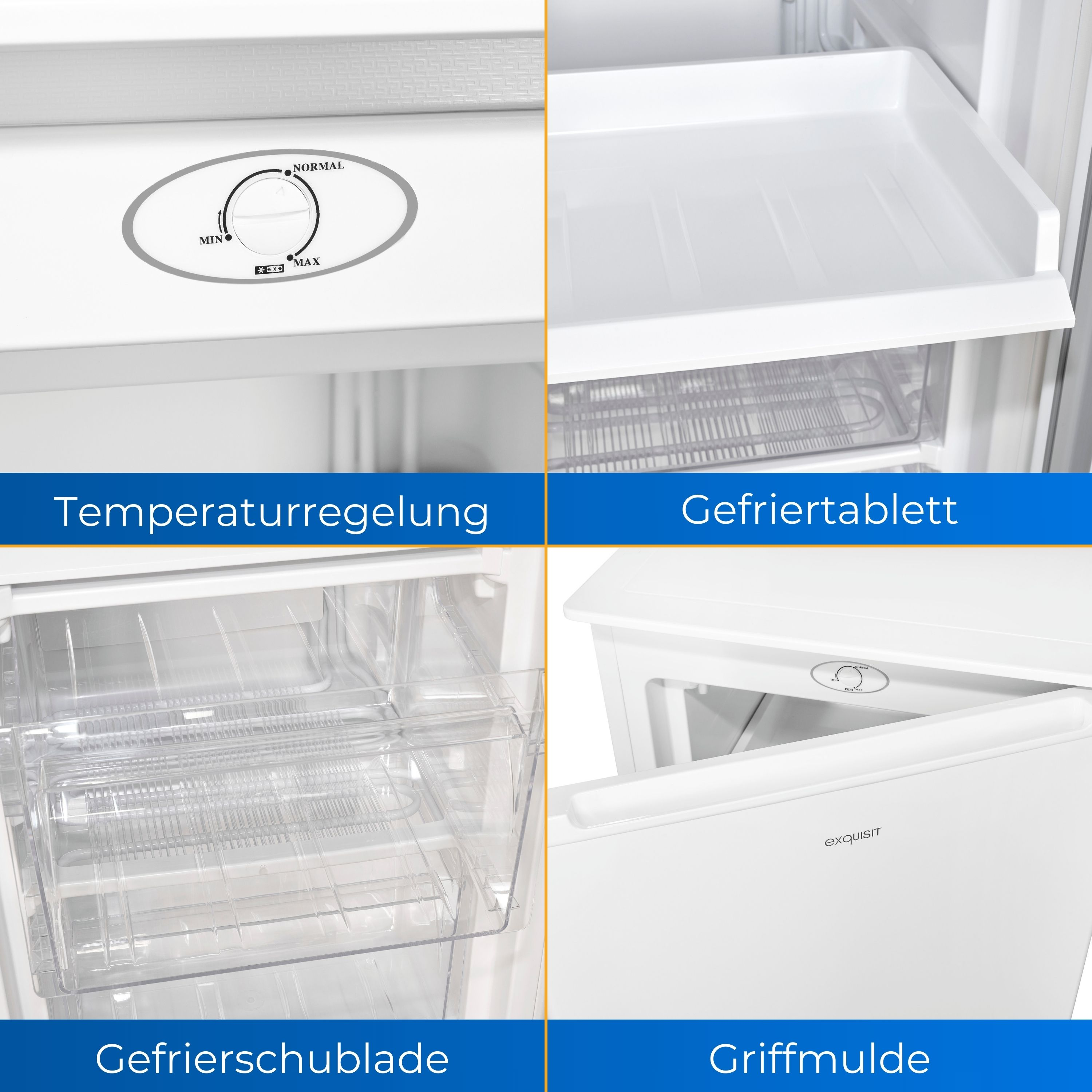 Nahaufnahmen vom Inneren eines Kühlschranks: Temperaturregelung, Gefrierfach, Schubladen und Tür.