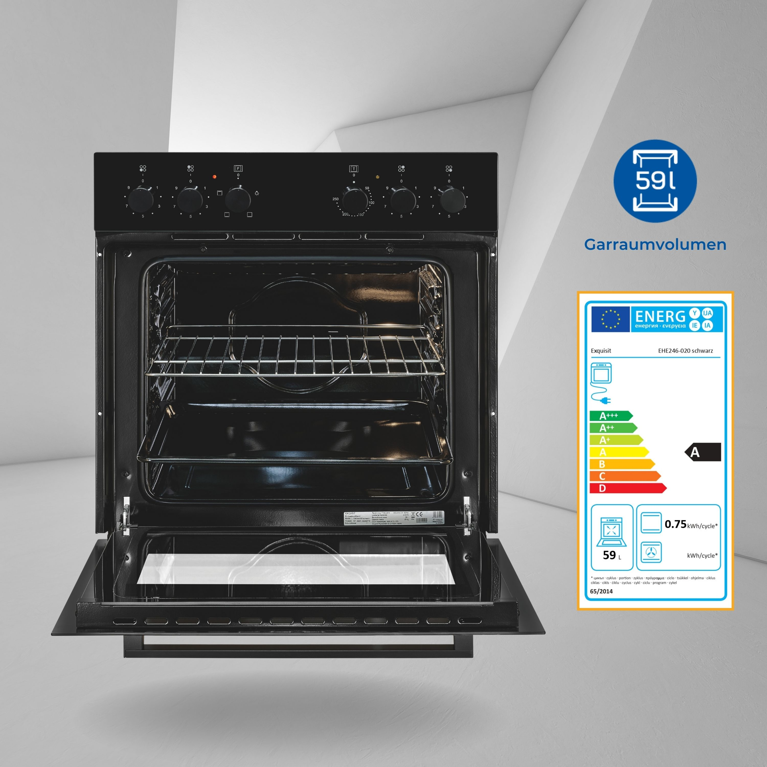 Ein schwarzer Backofen mit sichtbarem Innenraum und einem Energieeffizienzlabel.
