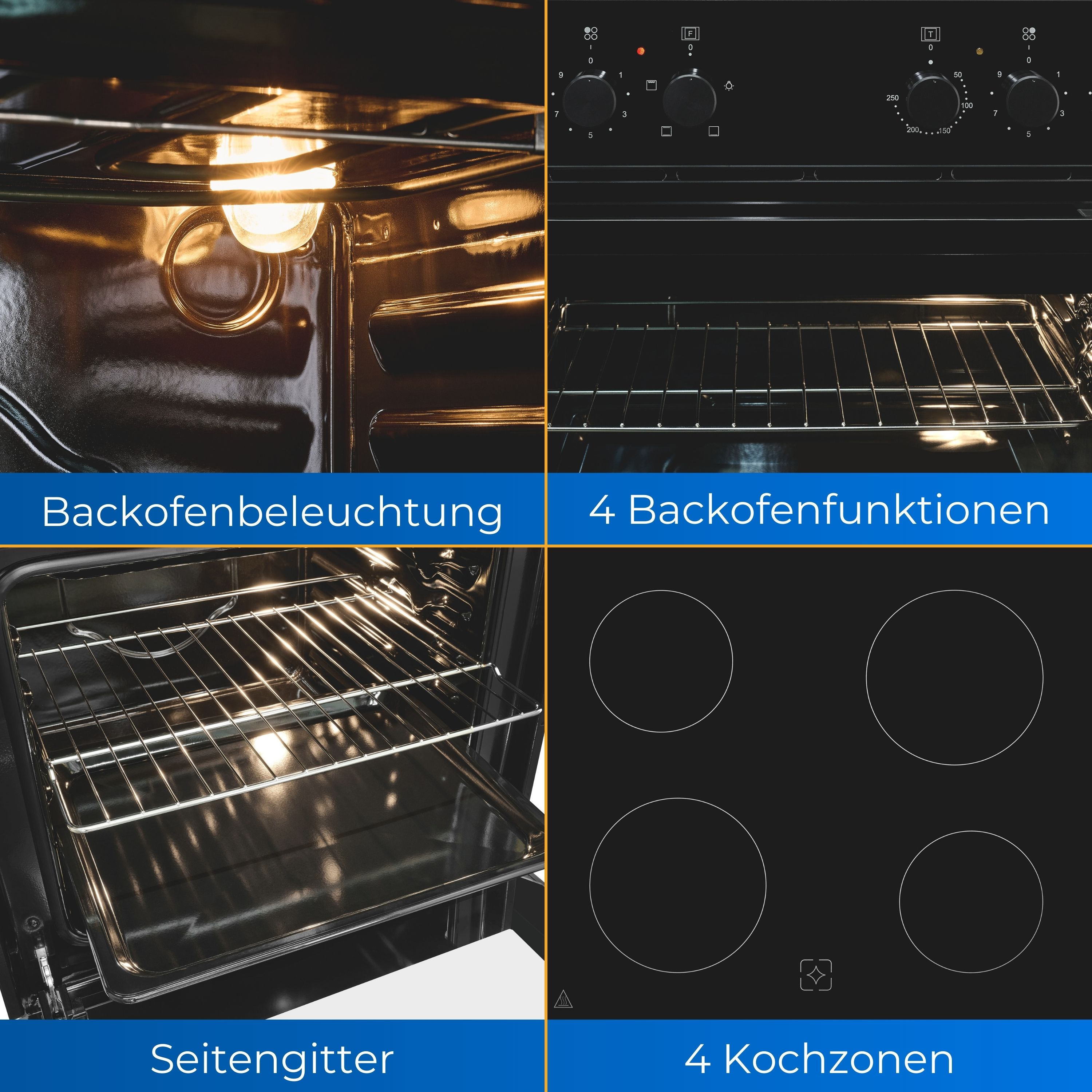 Vier Fotos mit Backofen-Funktionen: Licht, Funktionen, Seitengitter und Kochzonen. Alles schwarz.