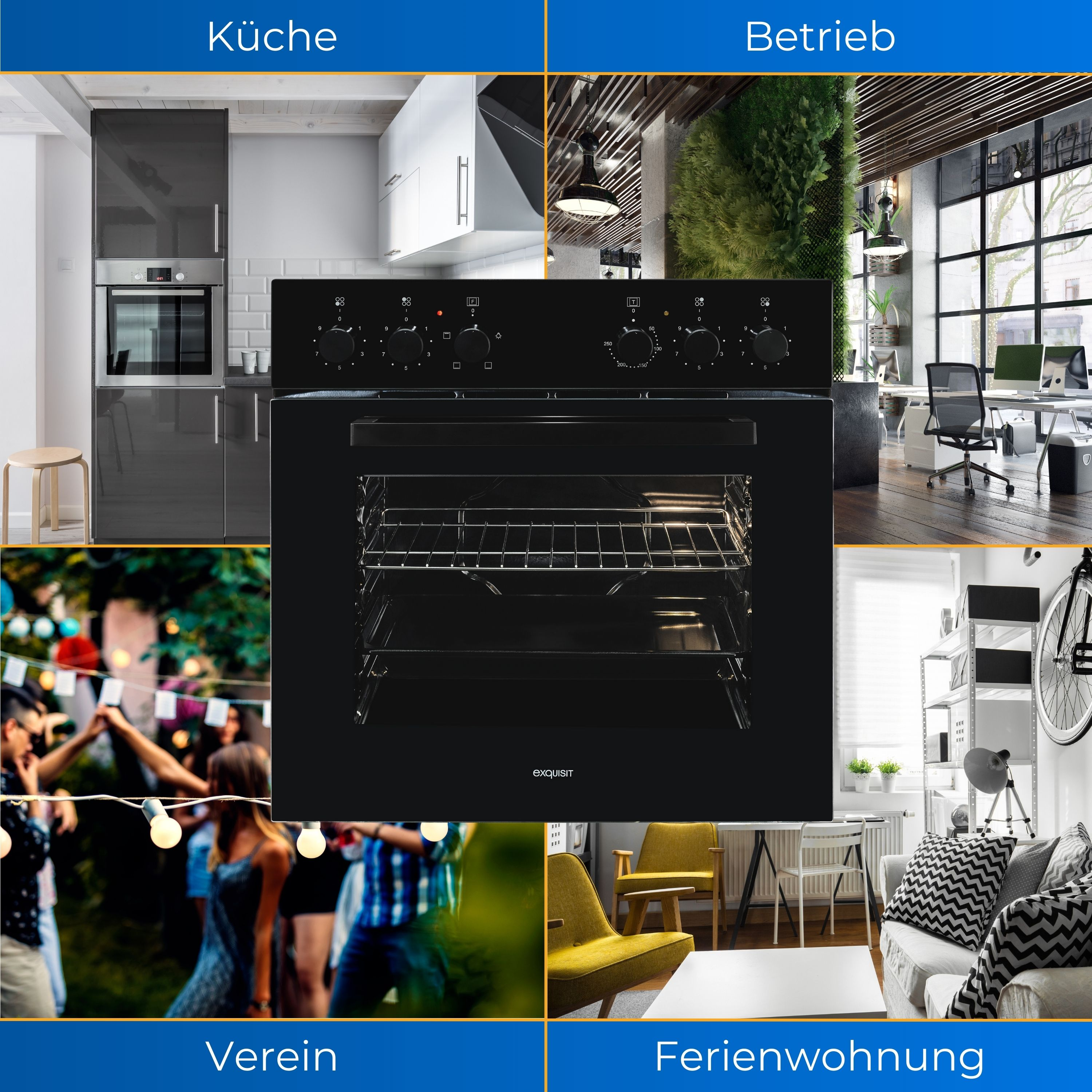 Ofen mit mehreren Bildern von Küche, Büro, Party und Ferienhaus-Szenen.