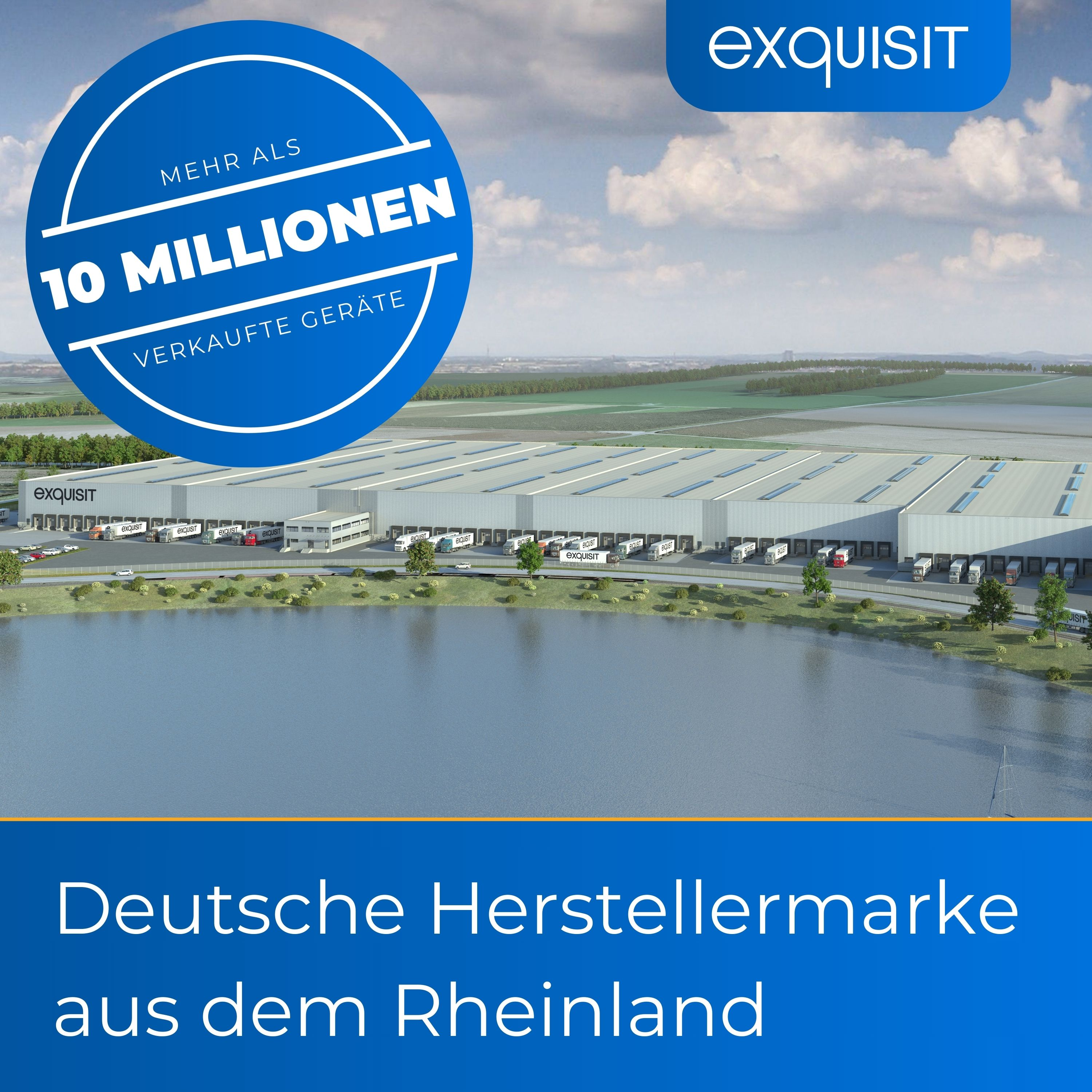 Großer Fabrikkomplex mit See, die Worte „10 MILLIONEN“ und das „exquisit“-Logo sind sichtbar.