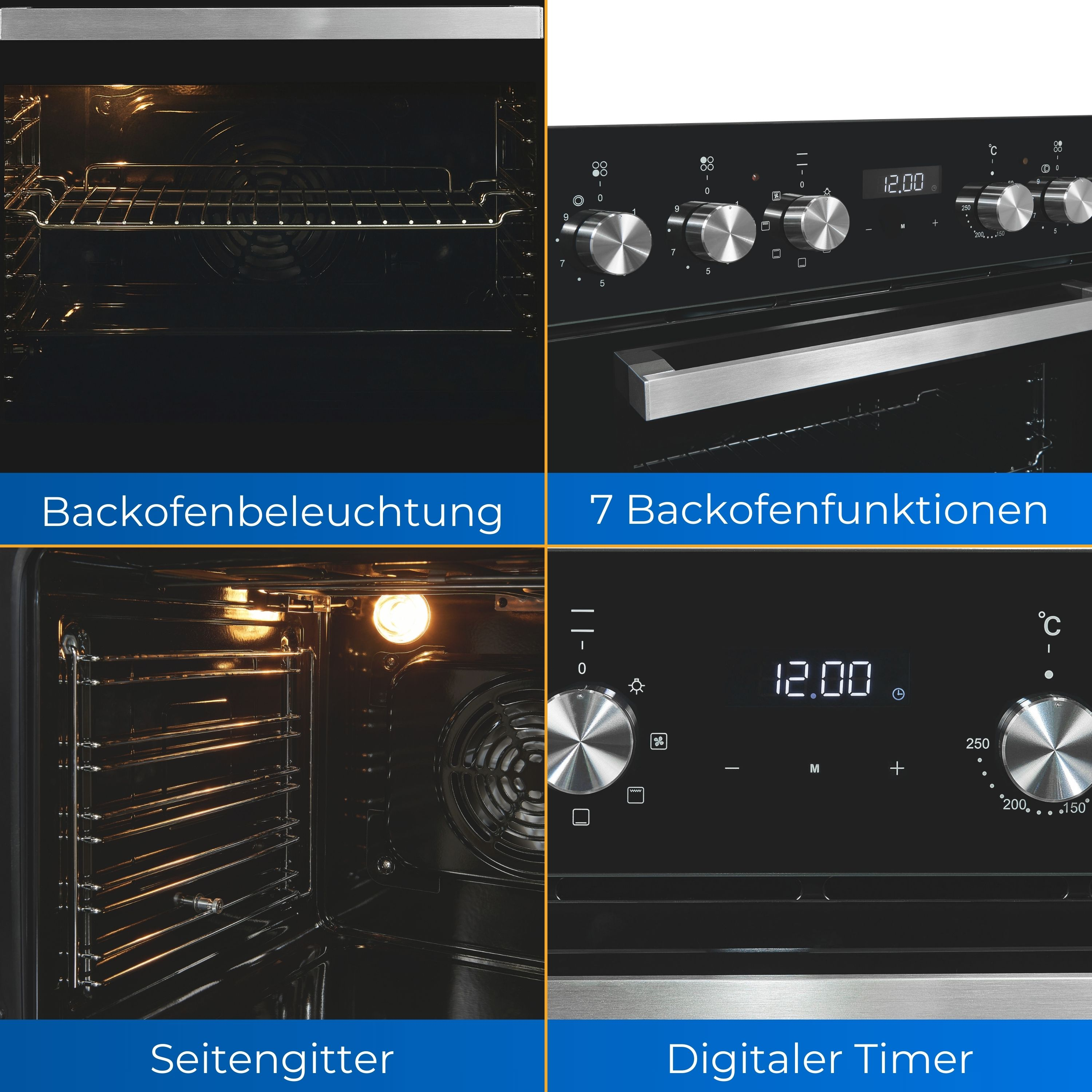 Vier Bilder mit Details eines Ofens: Innenraum mit Rosten, Bedienfeld, Innenraum mit Licht und Digitaluhr.