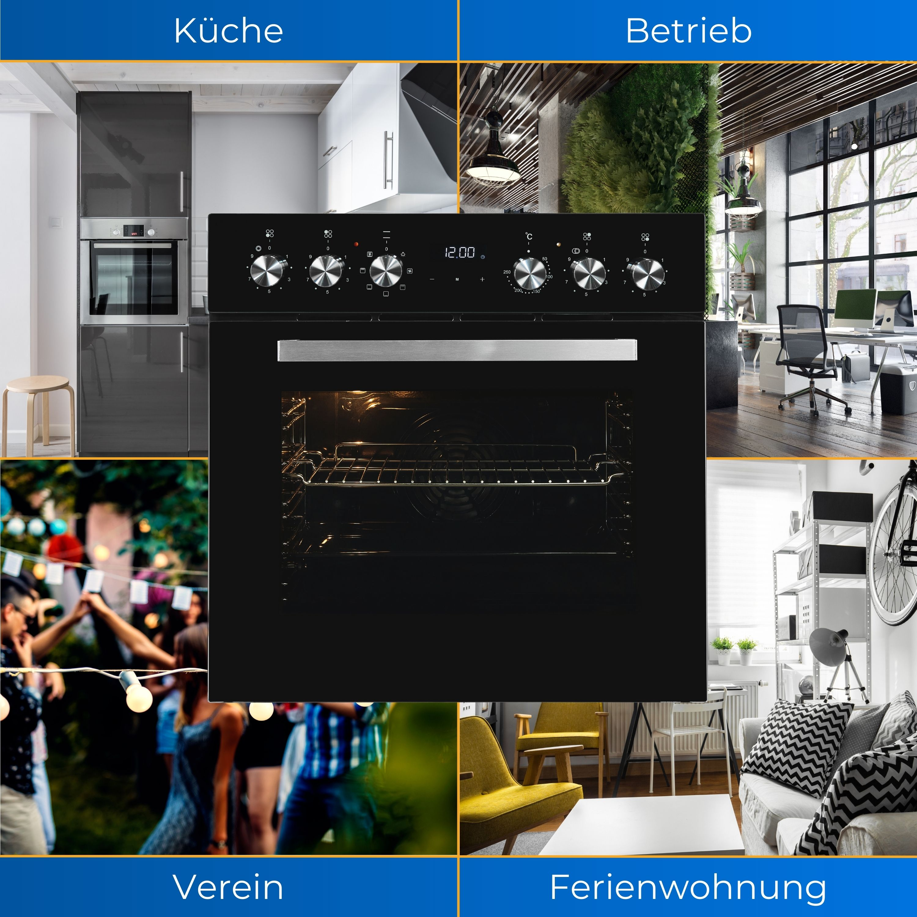 Ein schwarzer Ofen, mit Fotos seiner Verwendung: Küche, Geschäft, Verein, Wohnung.