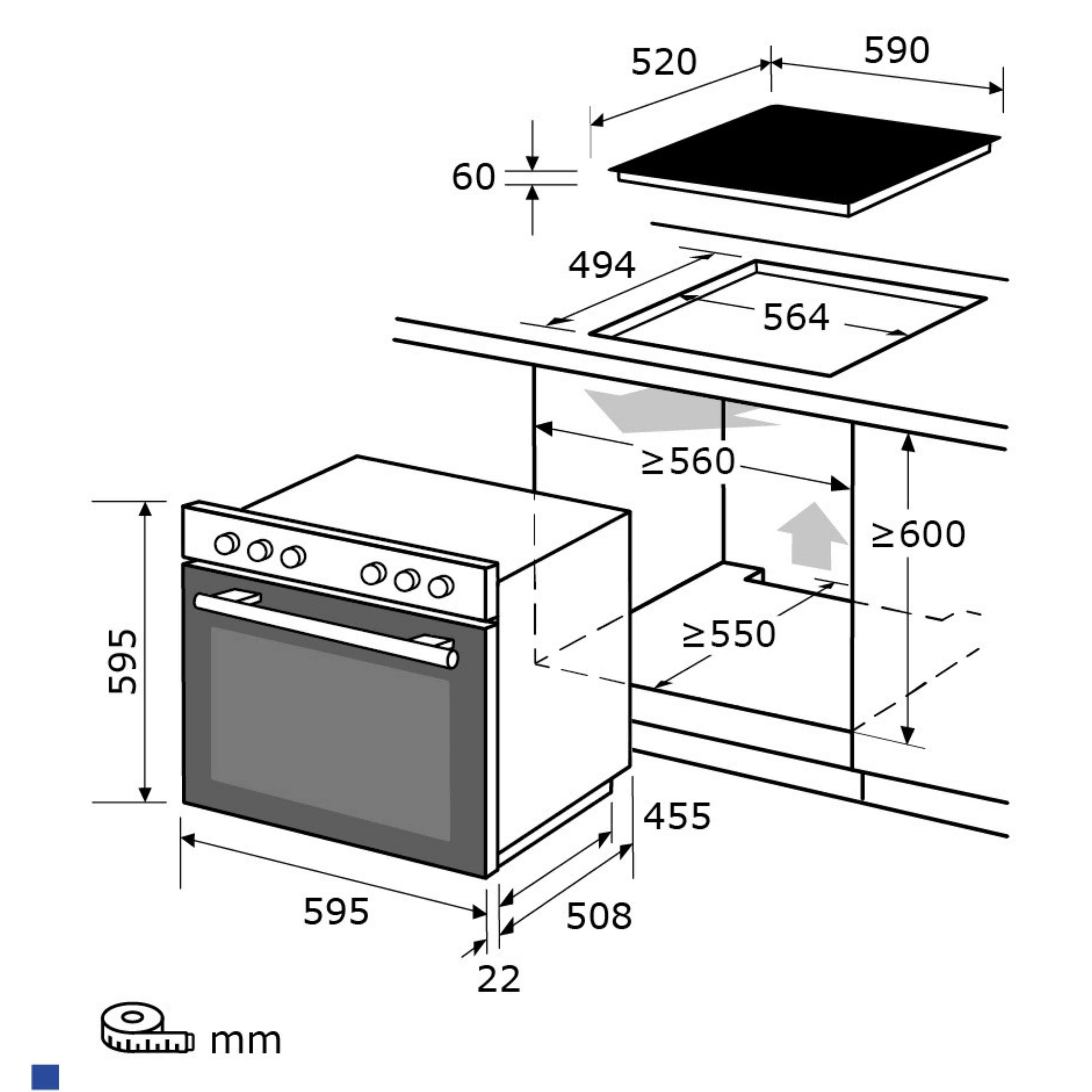 Diagramm eines Einbauofens, das Abmessungen und Installationsraumanforderungen zeigt.