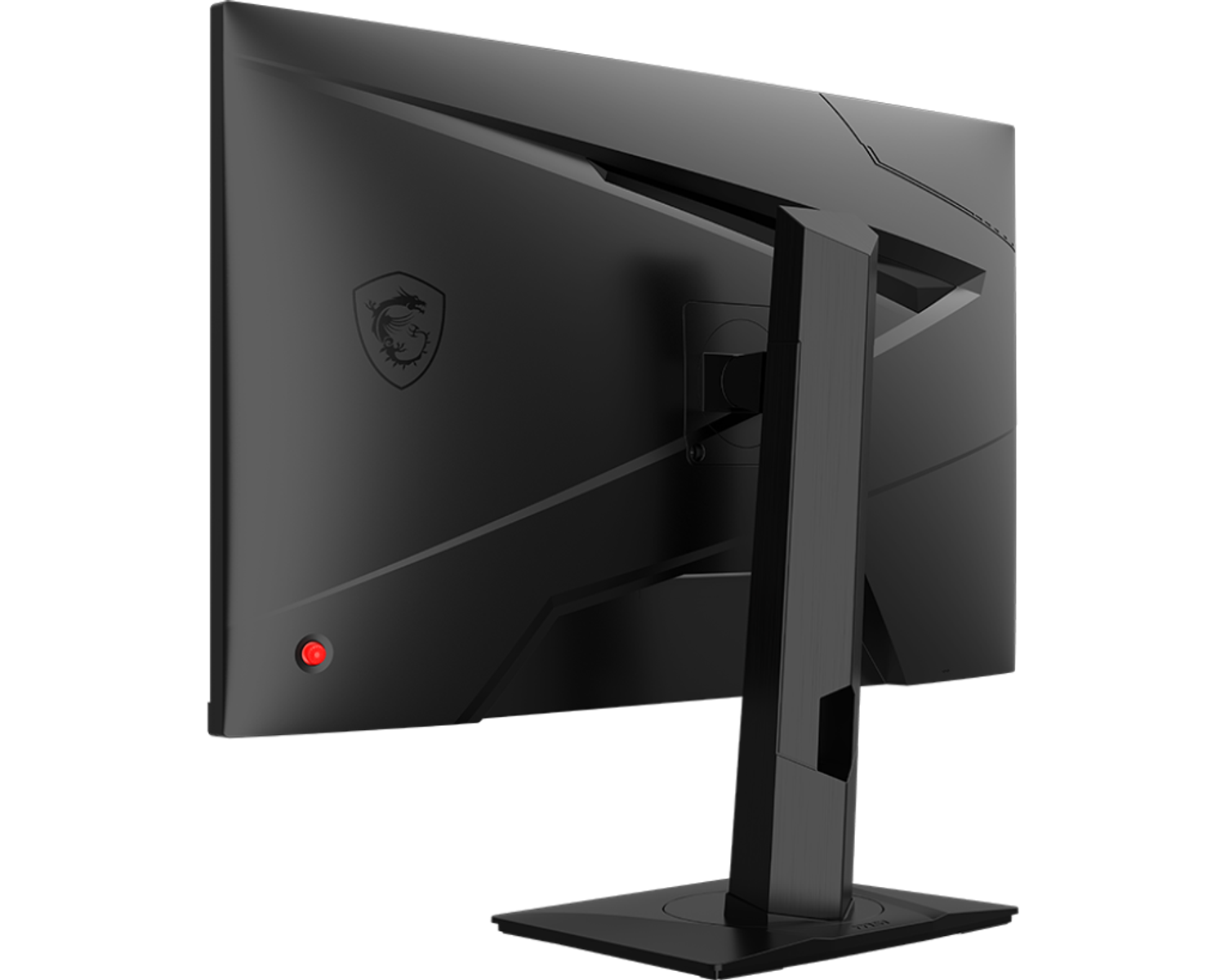 Retro di un monitor del computer nero con logo MSI e pulsante di accensione rosso.